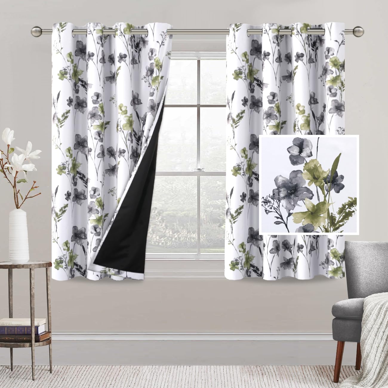 GAMUKAI 100% Blackout Floral Printed Grommet Curtains Set of 2 Light Blocking Window Drapes, Thermal Insulated Soundproof Window Treatment (52''x 18'', Grey/Taupe)