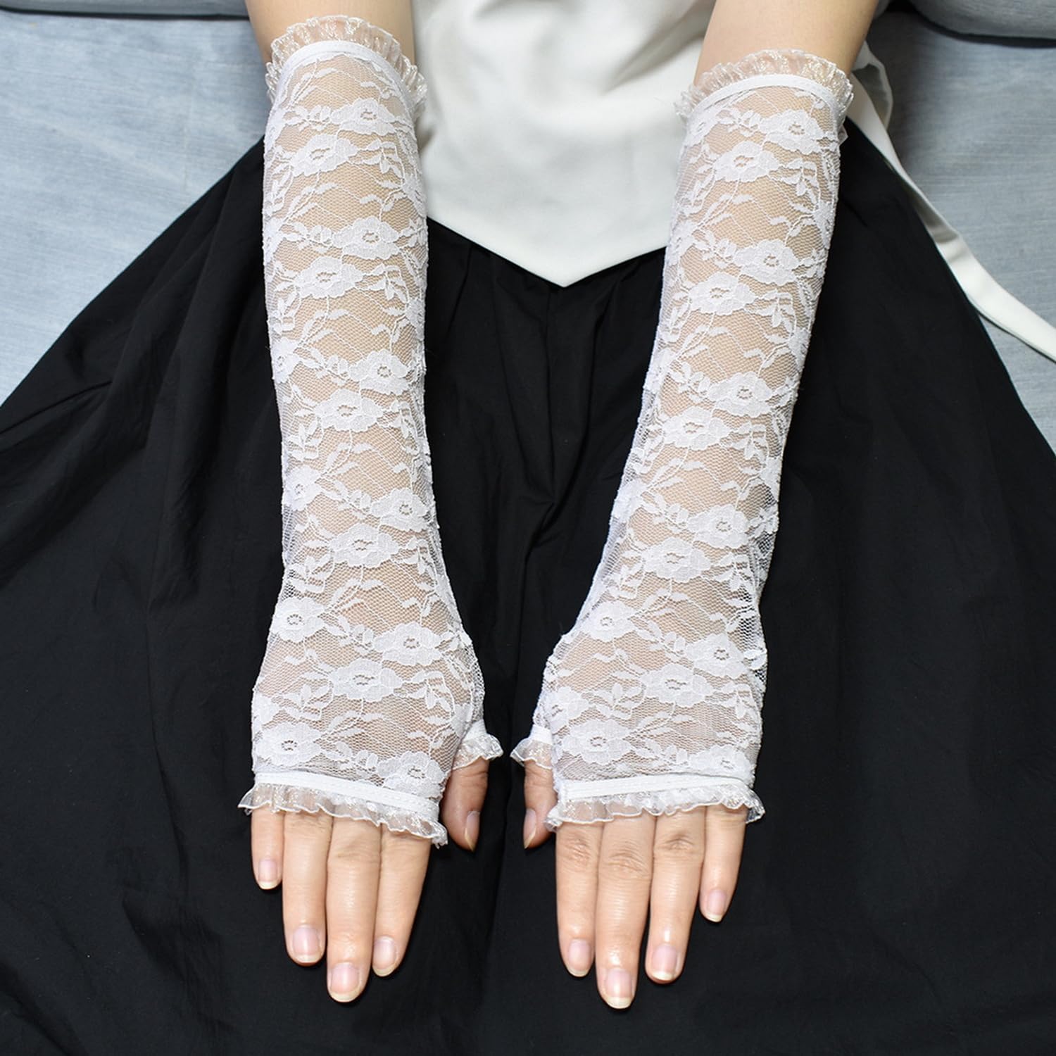 Sihaby Lady's Long Elegant Gloves,Fingerless Lace Bridal Gloves,Blacl White Floral Lace gloves for Wedding Opera Halloween Evening Party Tea Party - Image 2
