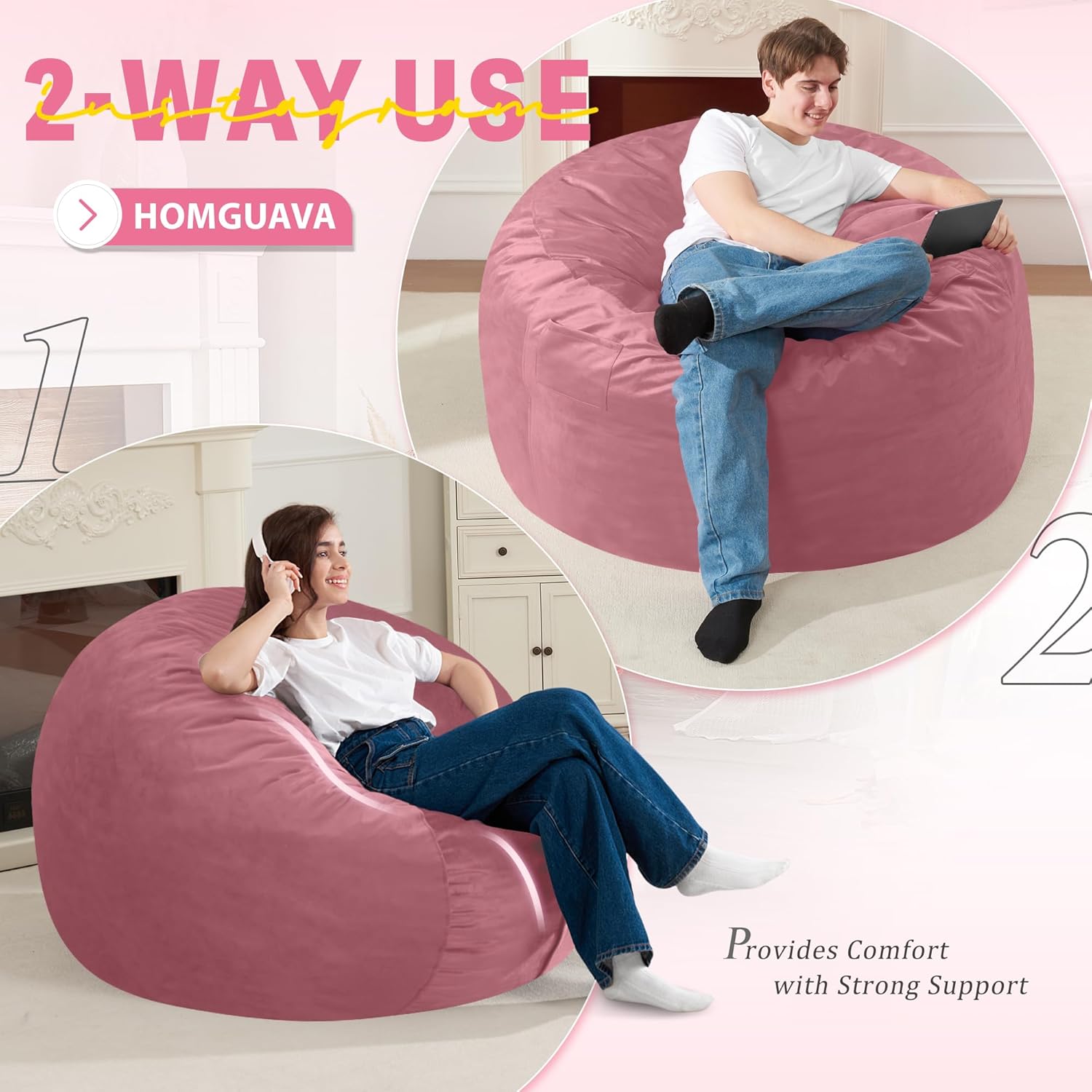 Homguava 3FT Bean Bag Chair: 3' Bean Bags with Memory Foam Filled, Large Beanbag Chairs Soft Sofa with Dutch Velet Cover-Dusty Pink 3FT-36"x36"x22" Dusty Pink