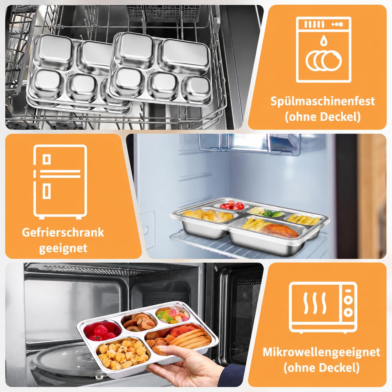 Lot de 8 assiettes divisées en acier inoxydable avec couvercle, boîte à goûter rectangulaire divisée à 5 compartiments pour enfants, assiette à portions en métal pour adultes, camping, école
