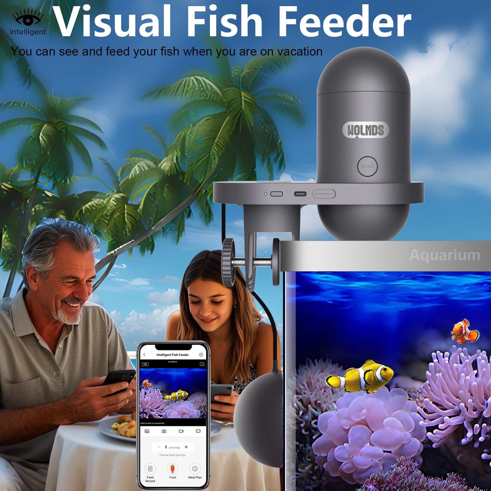 Alimentador Automático de Peces - Dispensador de Comida para Peces WOLMDS con Cámara 2.5K y Control WiFi/App|Capacidad de 230ML,Comedero a Prueba de Humedad Ideal para Vacaciones y Acuarios