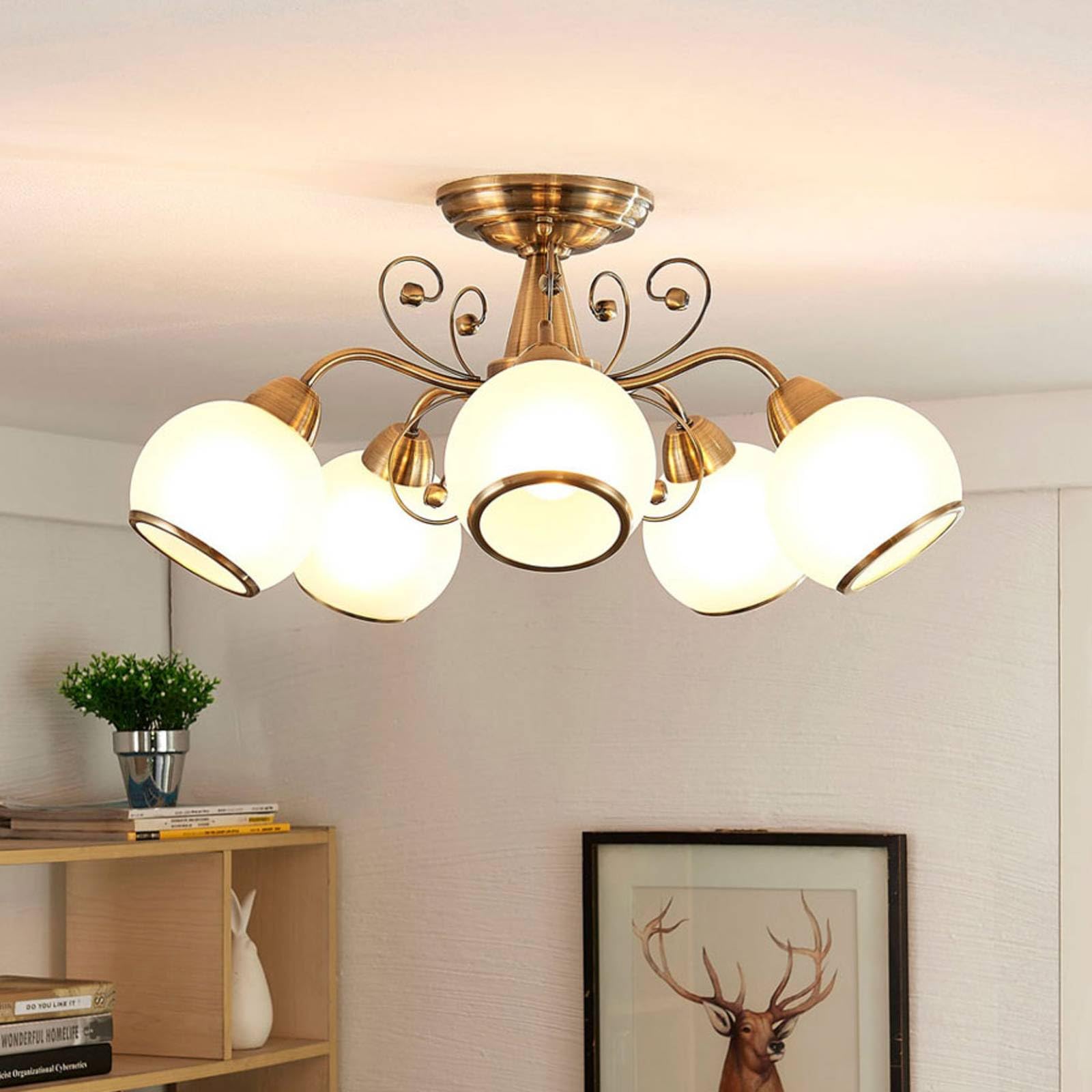 Lindby Plafoniera 5 Luci Sfere in Vetro Ø 59 cm, Lampadario Soggiorno Ottone Anticato 5x E14 Lampada da Soffitto Camera Letto Sospensione Vintage per Classico Sala Pranzo