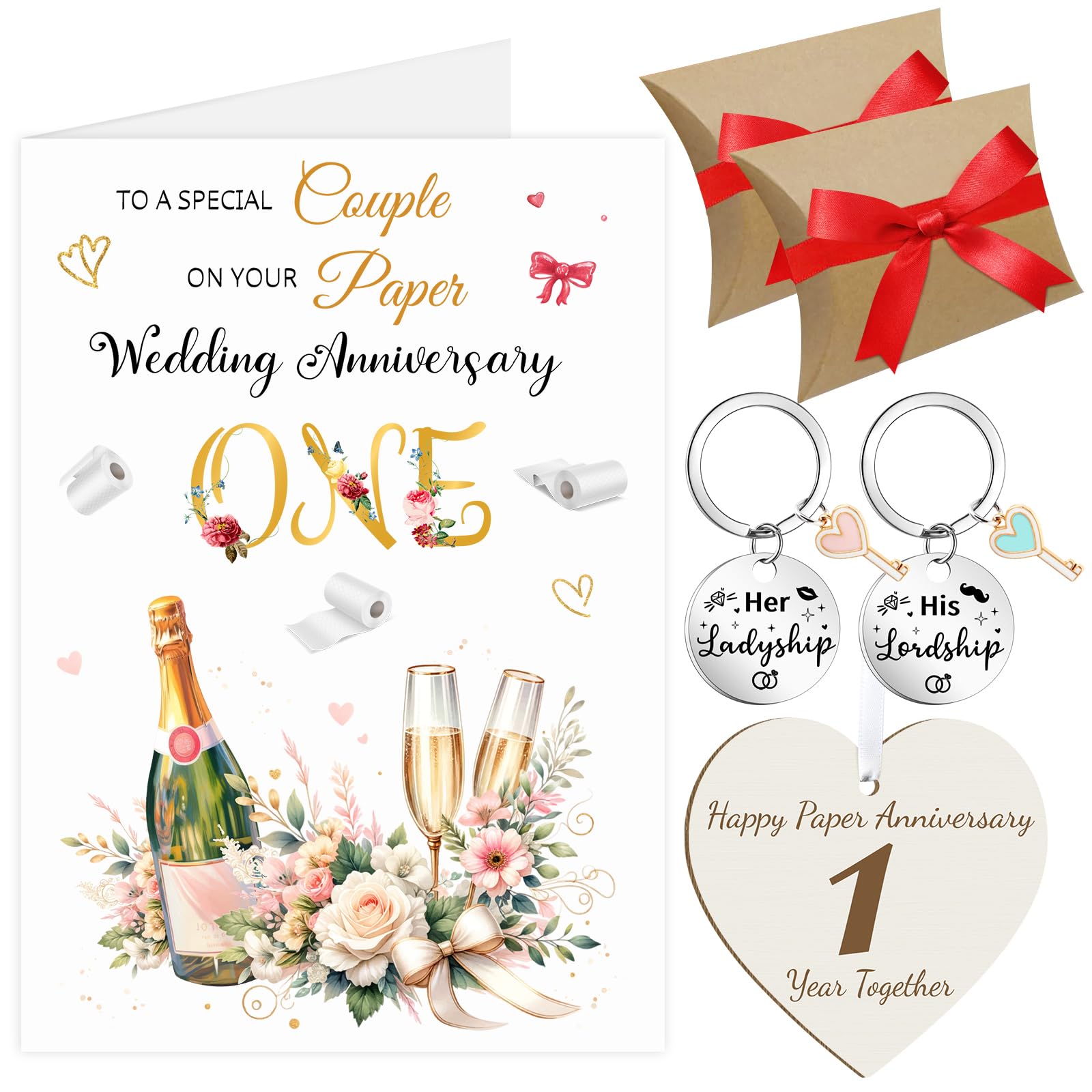 Epaing 1st Wedding Anniversary Card for Couple Set, Greeting Paper Wedding Gifts for Husband Wife, Include Happy Anniversary Card, Keyrings, Gift Boxes, Hang Tag, Envelope and Ribbons(1 Year)