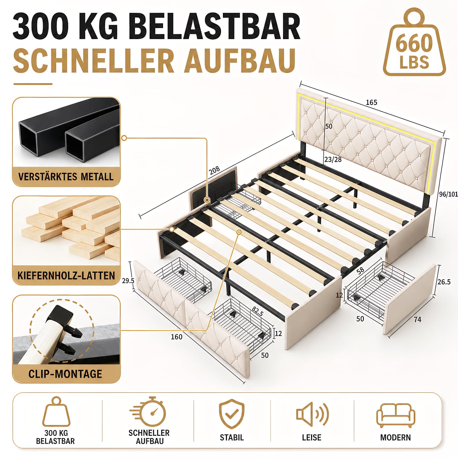 BRILVERDE Lit Double 160x200 avec sommier et Rangement, avec LED, Lit Coffre avec tête de lit et 4 Tiroirs, pour Adultes et Adolescent, PU (Beige, 160 x 200 cm)