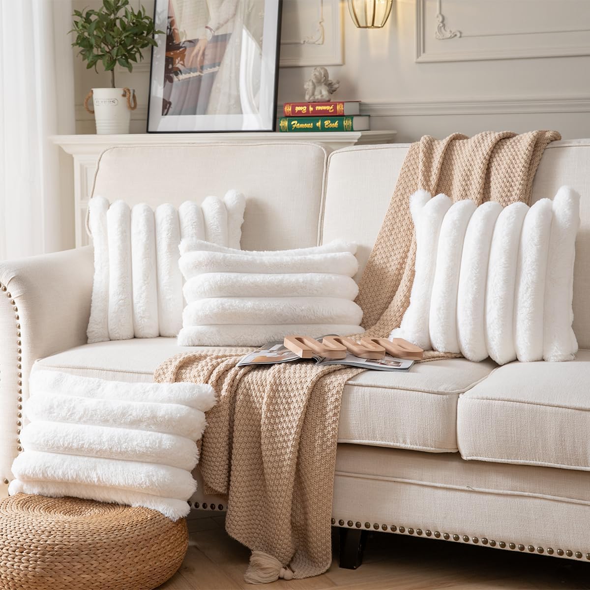 Faux Fur Plush Throw Pillow Covers 20x20 Inch Set of 2 - Luxury Decorative Fuzzy Striped Soft Cozy Pillowcase for Couch, Sofa, Living Room - Cream White