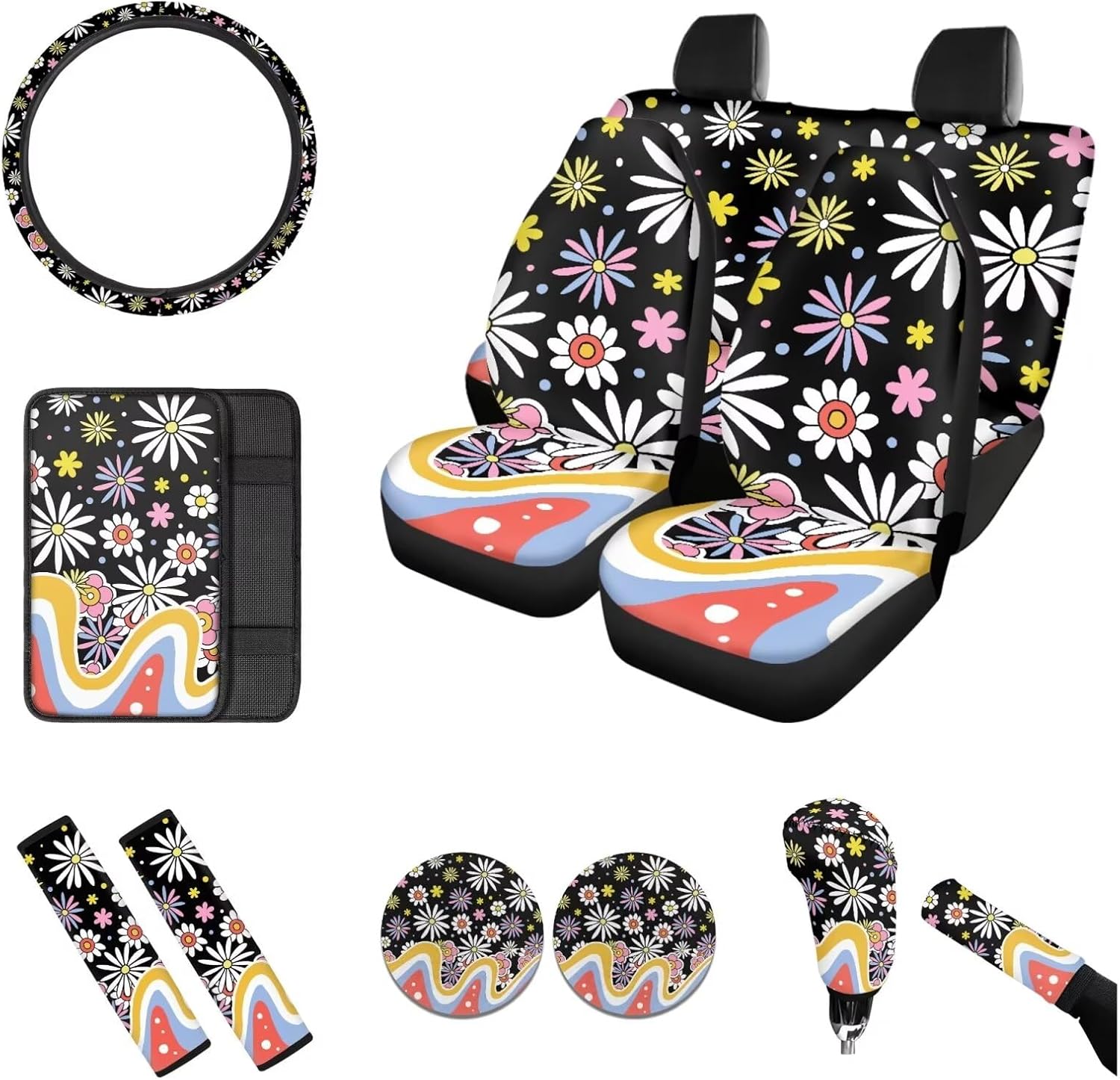 Music Palm Trees 12 Pcs Car Seat Covers Full Set, Auto Seat Covers Steering Wheel Cover Coasters Seatbelt Covers Pads Armrest Handbrake Cover for Cars Trucks SUVs