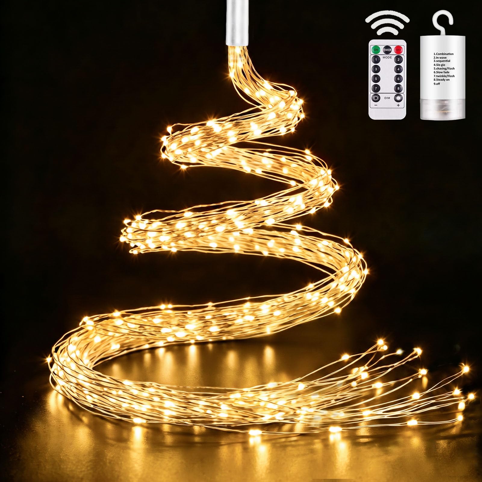 yowin Lichterschweif mit Batterie, Timer 1M 100 LED Lichterkette Wasserfall