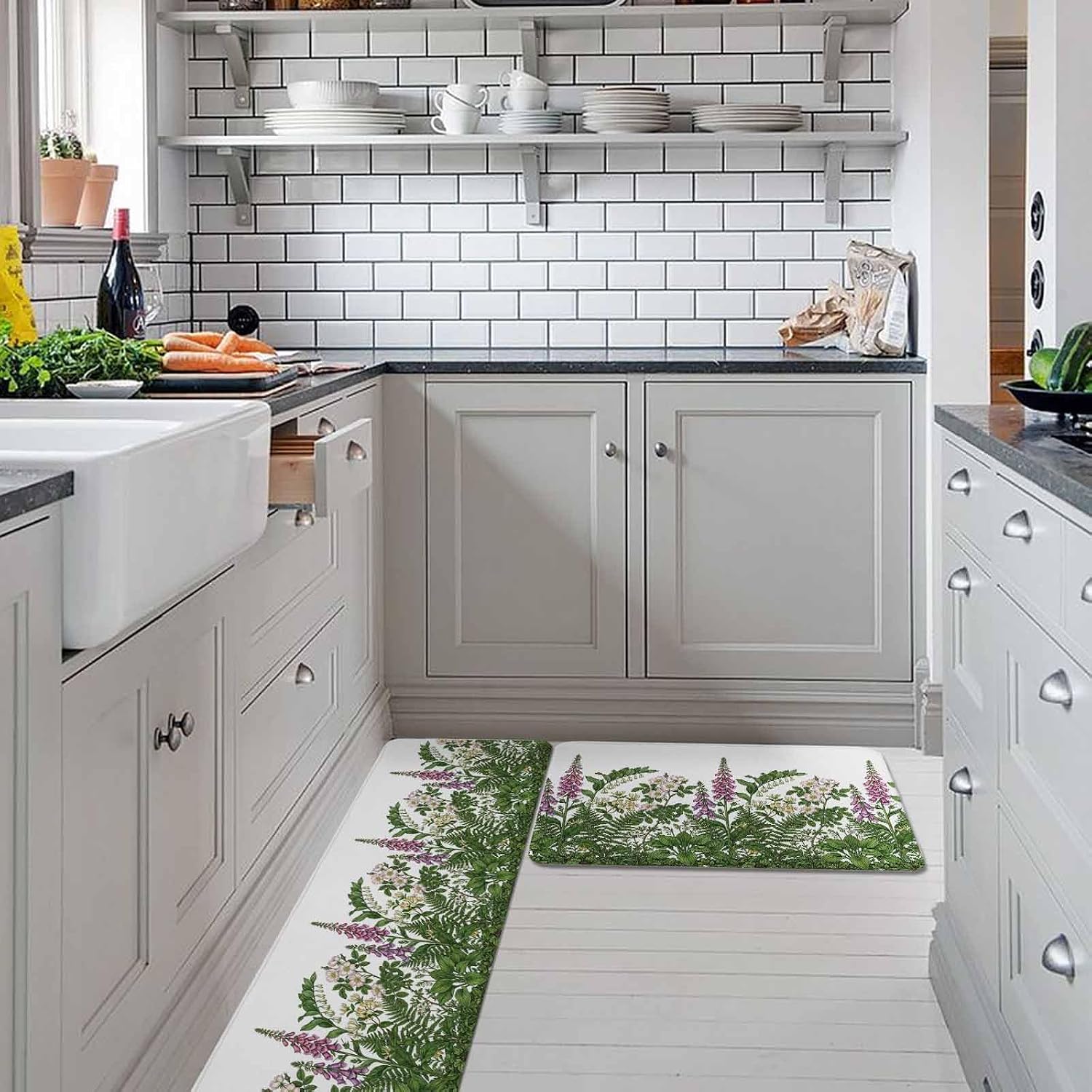 Spring Botanical Kitchen Rugs and Mats Set of 2, Non-Slip Kitchen Sink Mat, Watercolor Floral Flowers Leaves Retro Rustic Washable Doormat Bathroom Rugs Runner for Bedroom 17.7"x30"+17.7"x59"