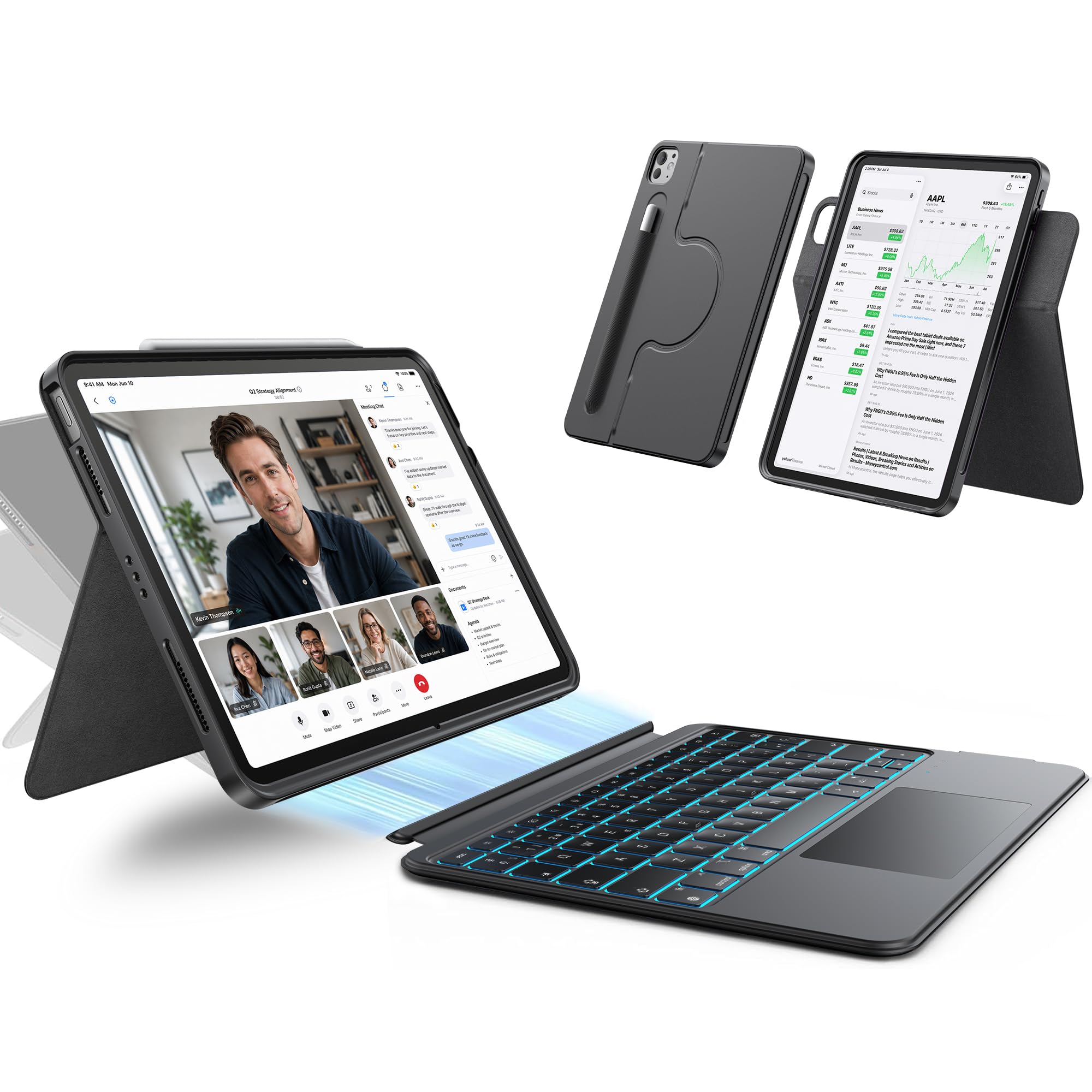HOU 360° Rotating and Removable Keyboard Case for iPad Pro 11″ M5/M4 | Adjustable stand, vertical and horizontal, pen holder, multi-touch trackpad, 7 colour backlight, integral case, black