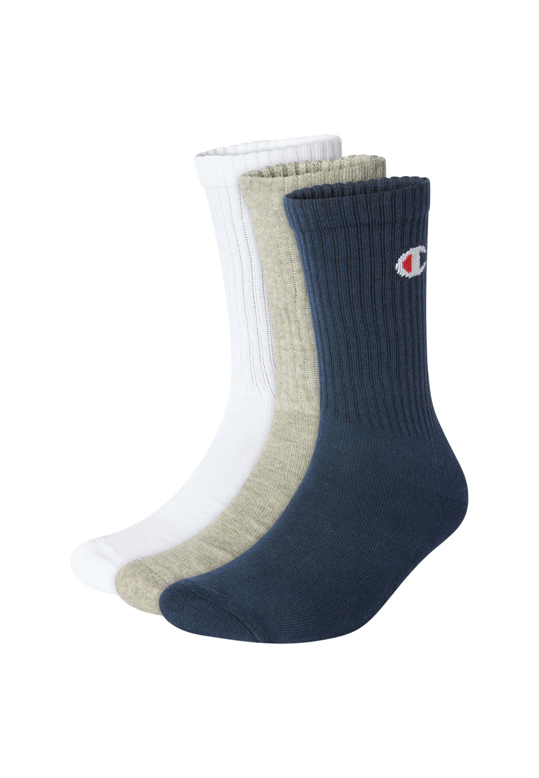 CHAMPION Three Pack Crew C Logo Socks, breathable fabric, reinforced heel and toe, rib cuff, cotton blend