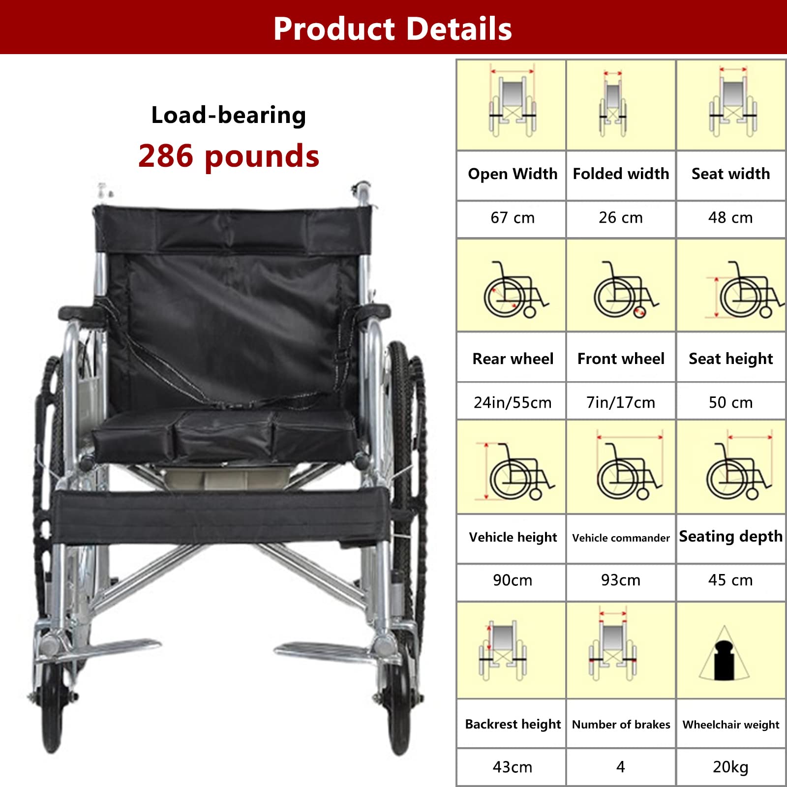 Silla de Ruedas,Silla de Ruedas Manual Ligera,Silla de Transporte Plegable con Reposapiés/Black