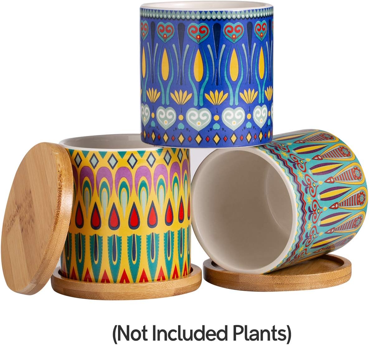 Dsben 3.2 Inch Succulent Plant Pots, Small Mandala Style Flower Ceramic Planter Indoor with Bamboo Tray for Cactus, Herbs, Home, Set of 3 (Plants Not Included)