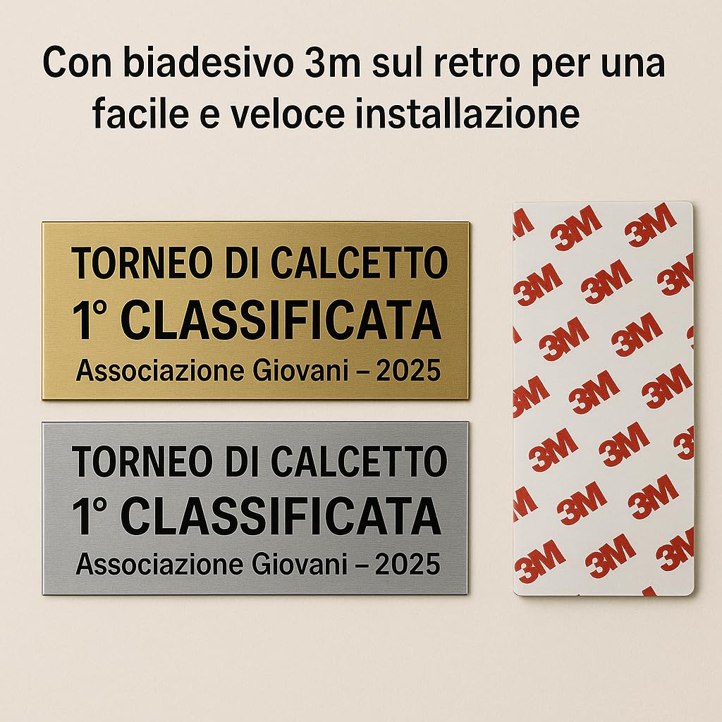 Targhetta per Trofei e Coppe in laminato plastico Oro o Argento, incise a Laser, testi e misure personalizzabili, con Biadesivo 3M
