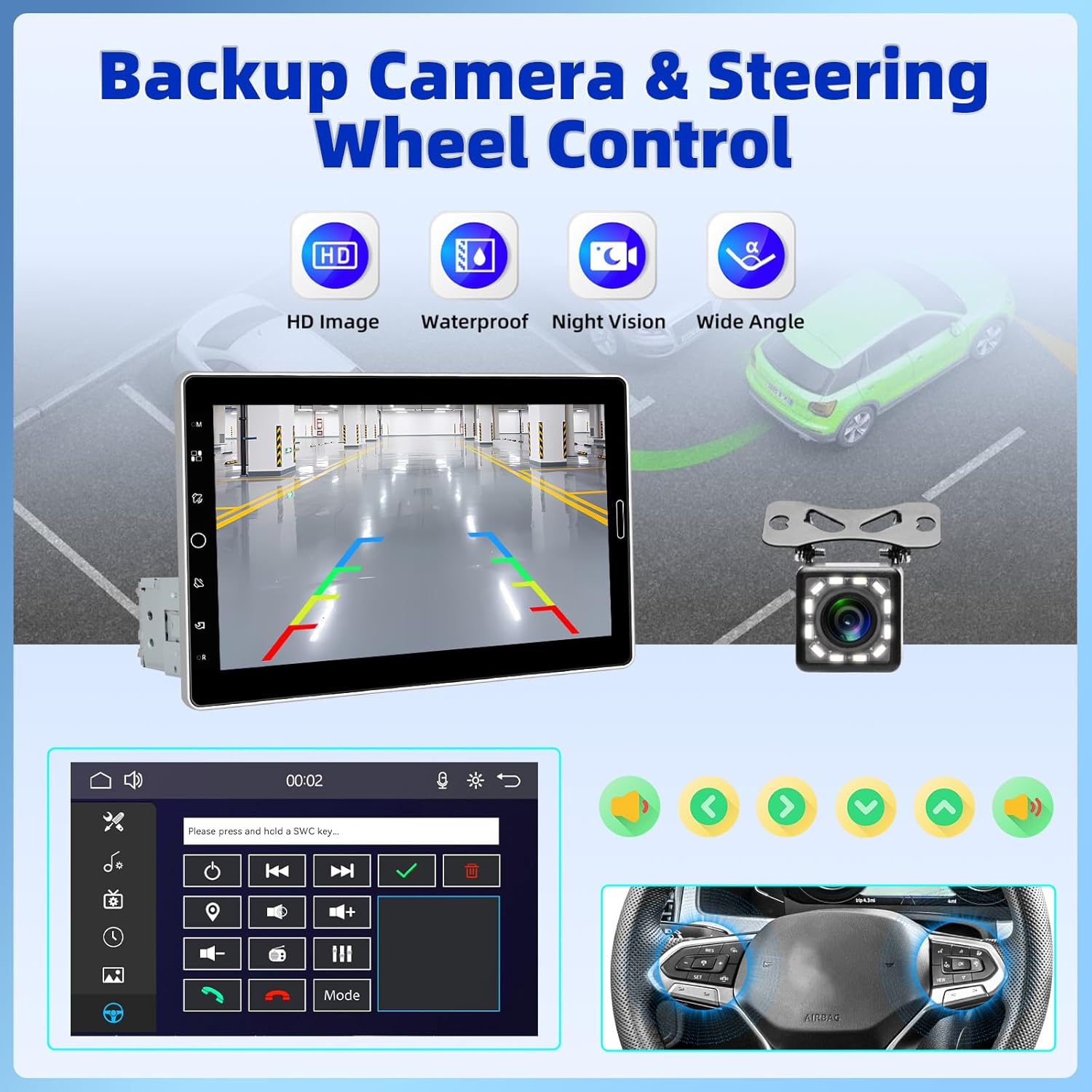 Камера view on the car stereo screen and steering wheel control buttons.