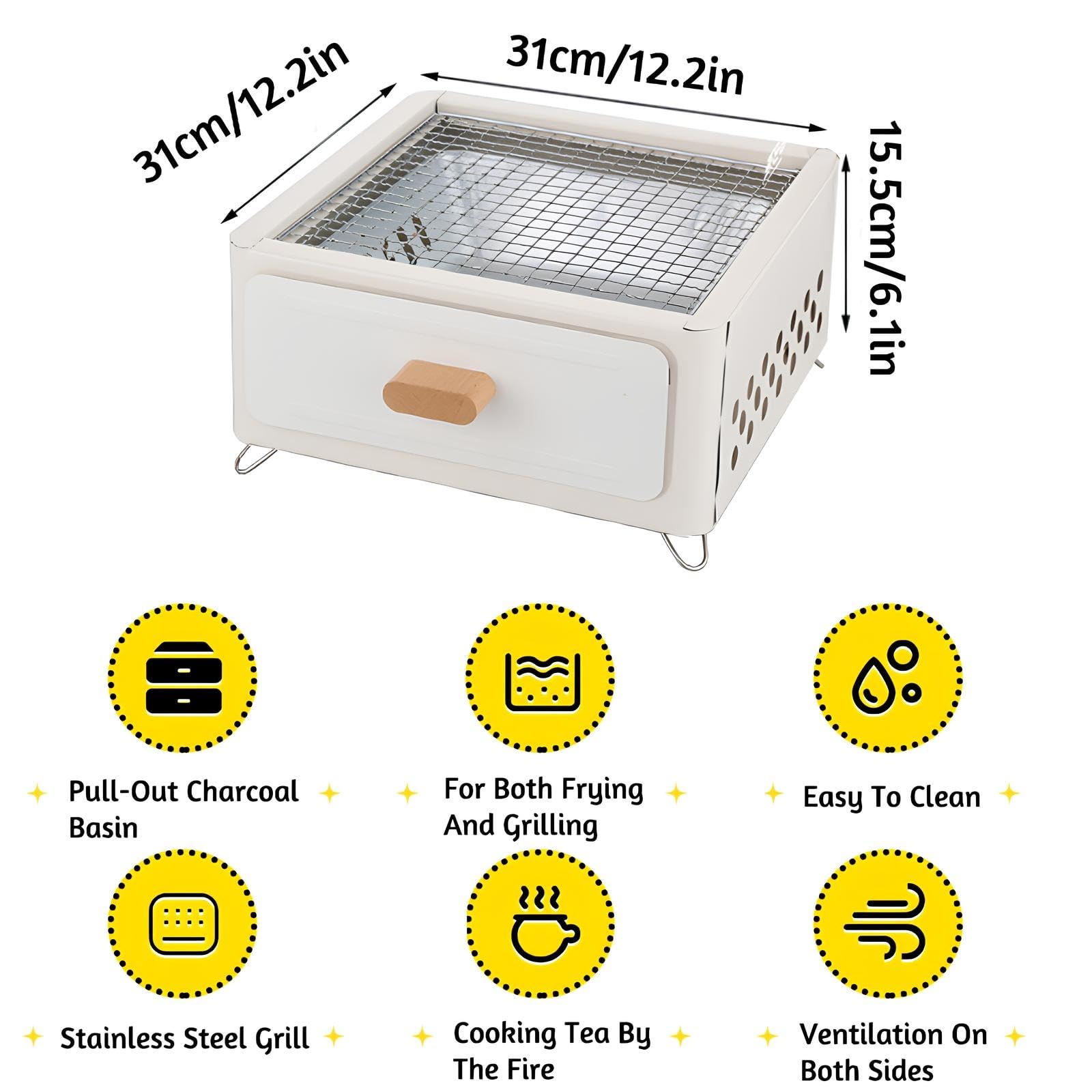 Barbacoa de Mesa para Acampada, Parrilla de Carbón Paranics, Parrilla con Sartén, Bandeja Extraíble para Carbón, Rejillas de Ventilación/White