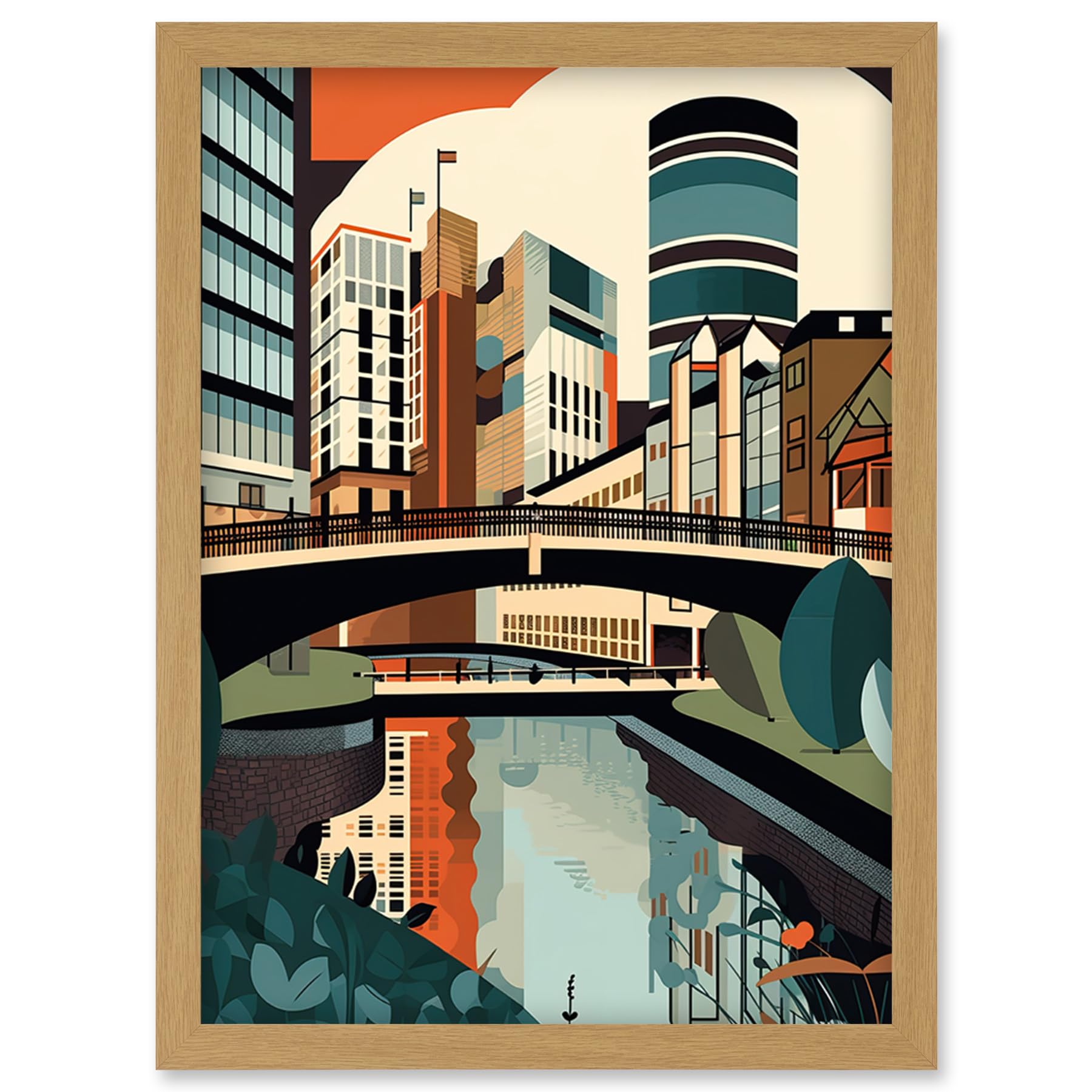 Artery8 Birmingham City Centre Canal Geometric Cityscape Artwork Framed Wall Art Print A4