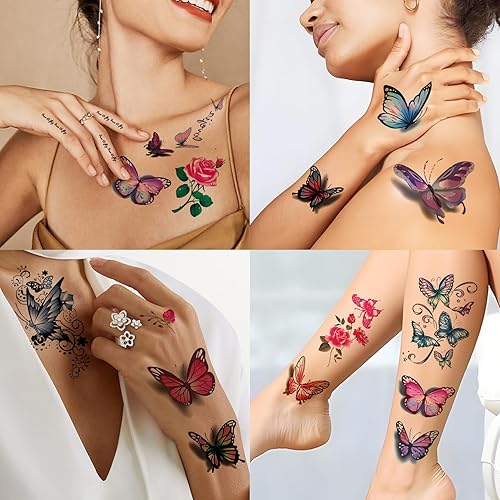 Miniatura 7 de 60 hojas de tatuajes temporales de flores para mujeres y niñas, calcomanías de tatuaje falsas de mariposa pequeña colorida rosa impermeable para