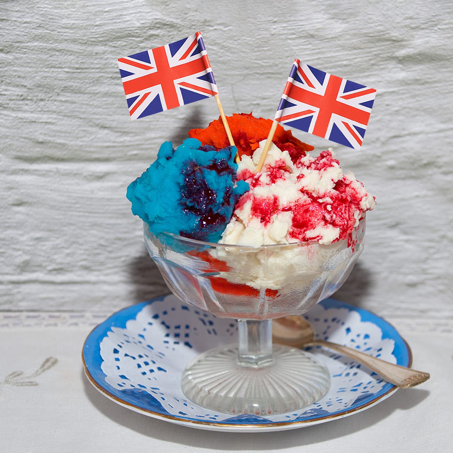 110 stuzzicadenti Union Jack, forniture per feste, per bandiere sandwich, torte, barbecue e bastoncini da cocktail, decorazione per eventi reali.