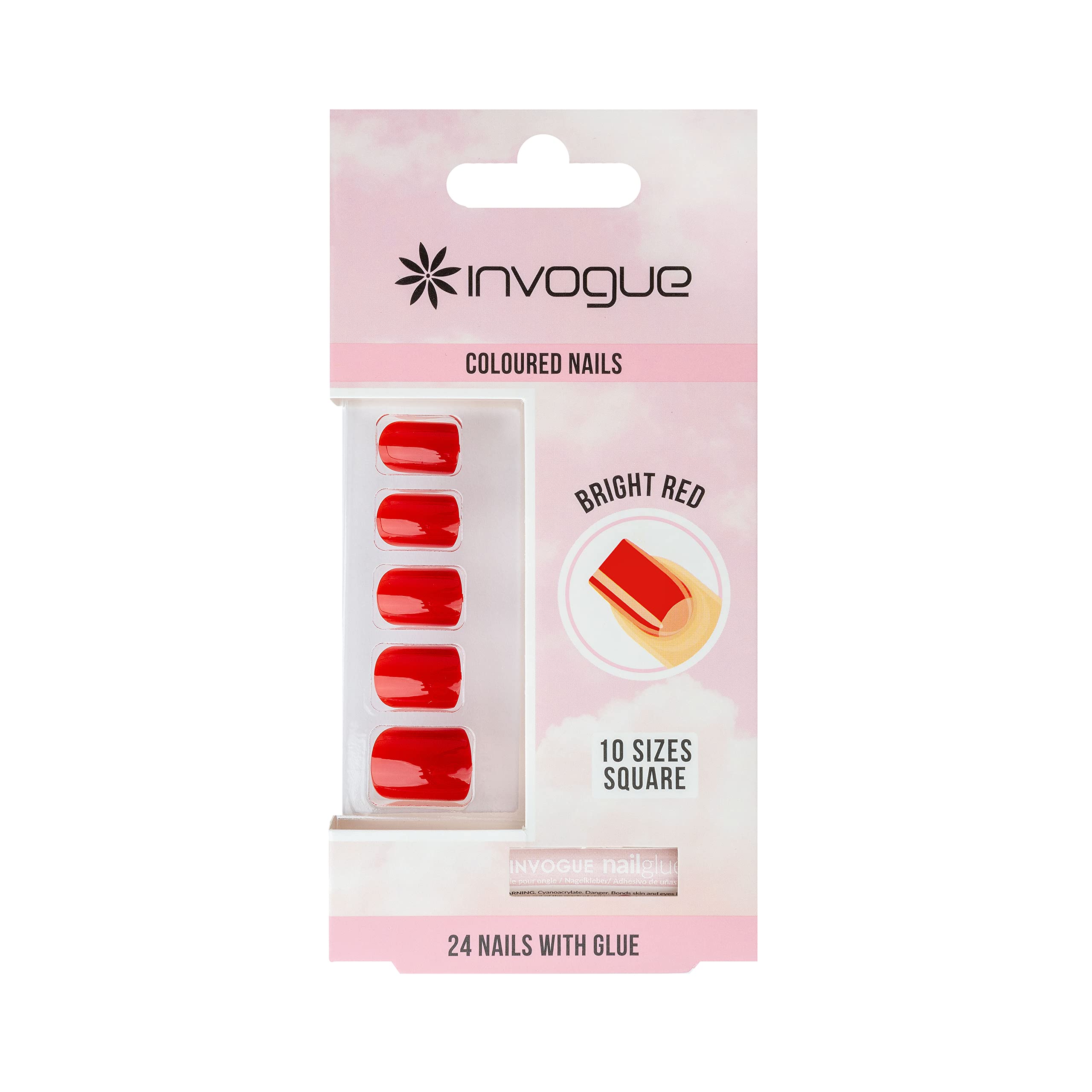 Invogue False Nails with Glue Included - Square Medium Length - Bright Red