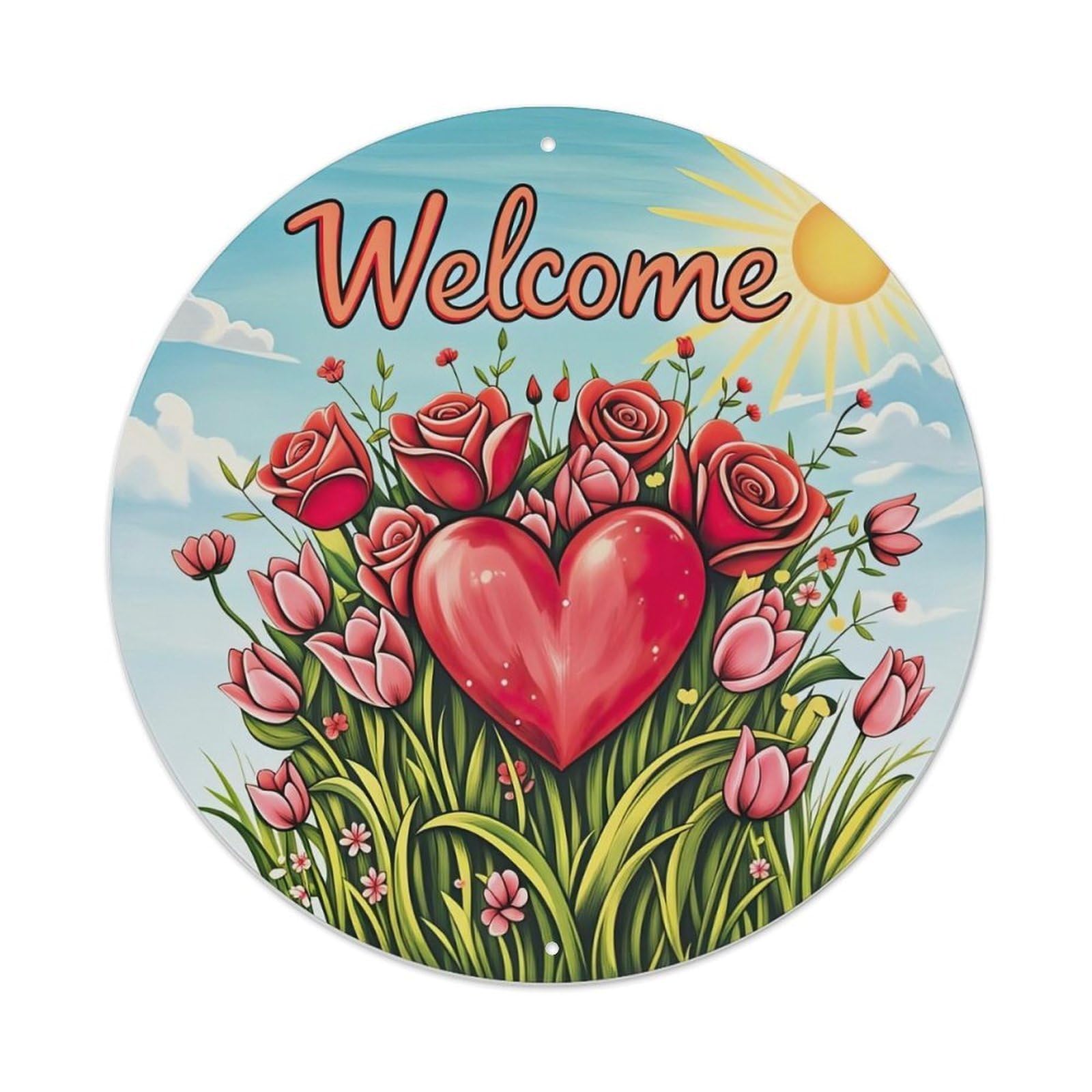 Welcome Heart Roses Flowers Sun Metal Tin Sign