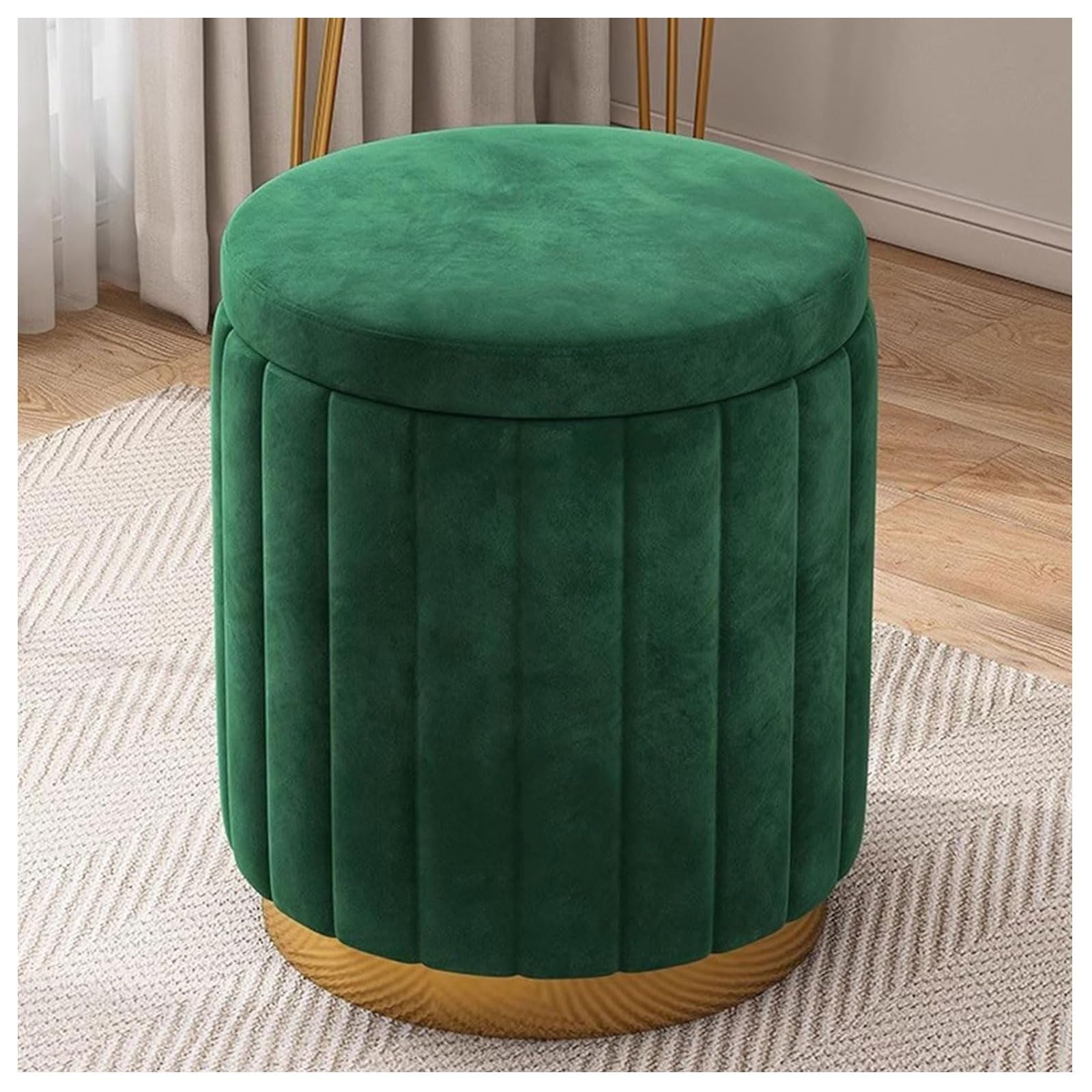 Repose-pieds et pouf de rangement rond vert avec socle en métal doré pour assise de salon