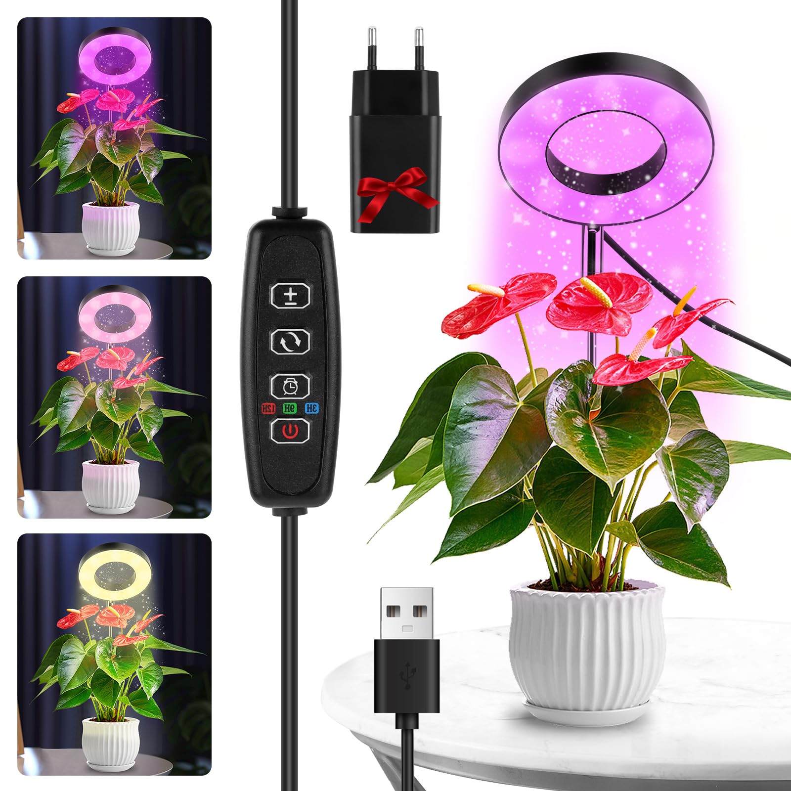 LWMTT Lámpara de Planta,48 LED Luz de Crecimiento de Espectro Completo,Luces de Crecimiento Ajustable en Altura con Temporizador 3/9/12H,9 Brillos,3 Modos,Lampara de Crecimiento para Plantas Pequeñas