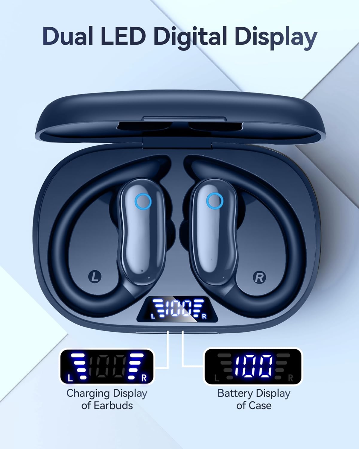 GNMN Active Noise Cancelling Ear Buds Wireless Earbuds 96hrs Playback Bluetooth Headphones Dual Battery Display Stereo Bass Earphones with Earhooks Microphone IPX7 Waterproof Headset for Sports/Gym