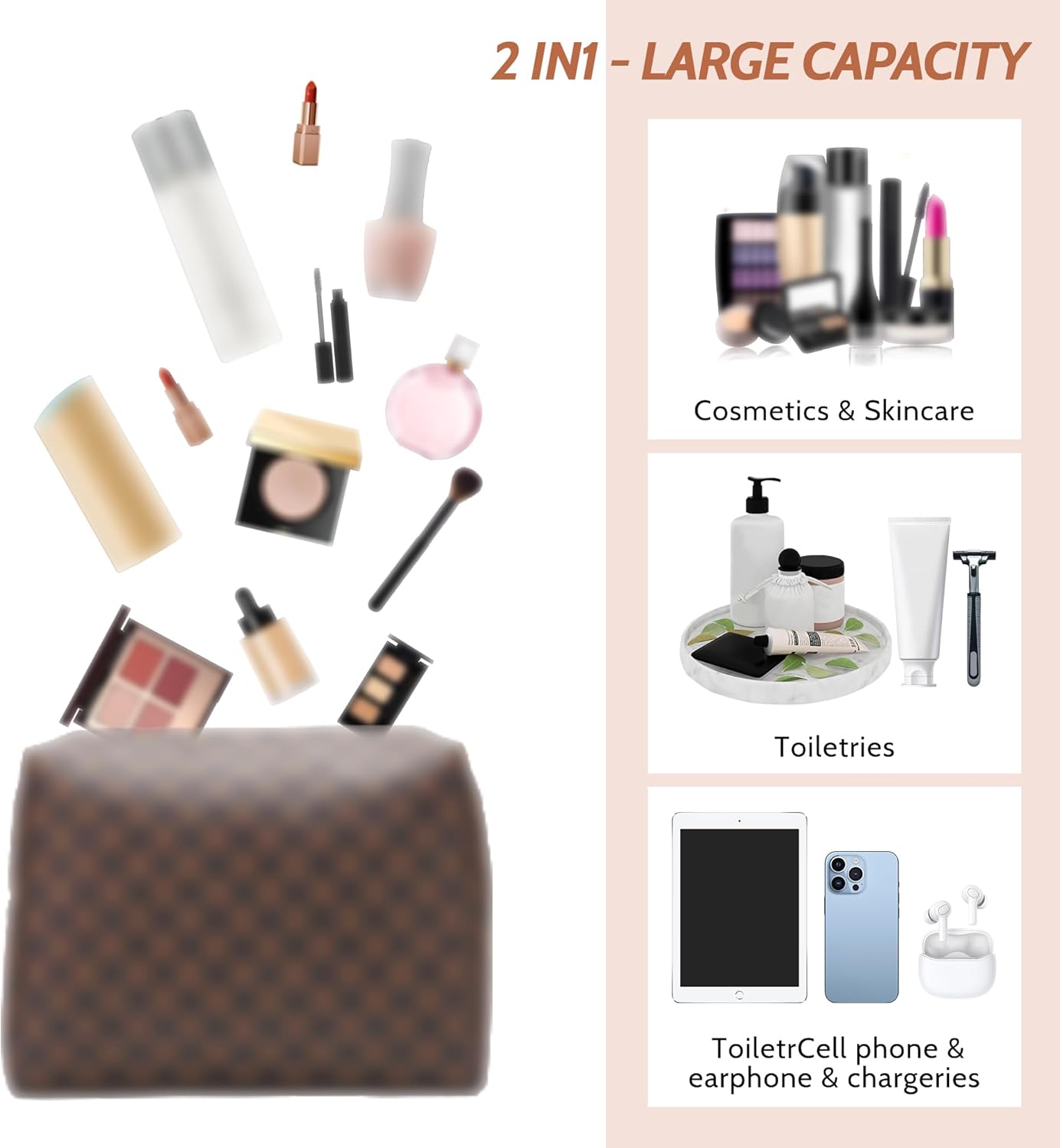 Checkered Makeup Bag, 2 Pcs Portable Leather Cosmetic Bag, Travel Toiletry Bag for Women, PERFECT for Christmas, Birthdays, Valentine’s Day - Image 5