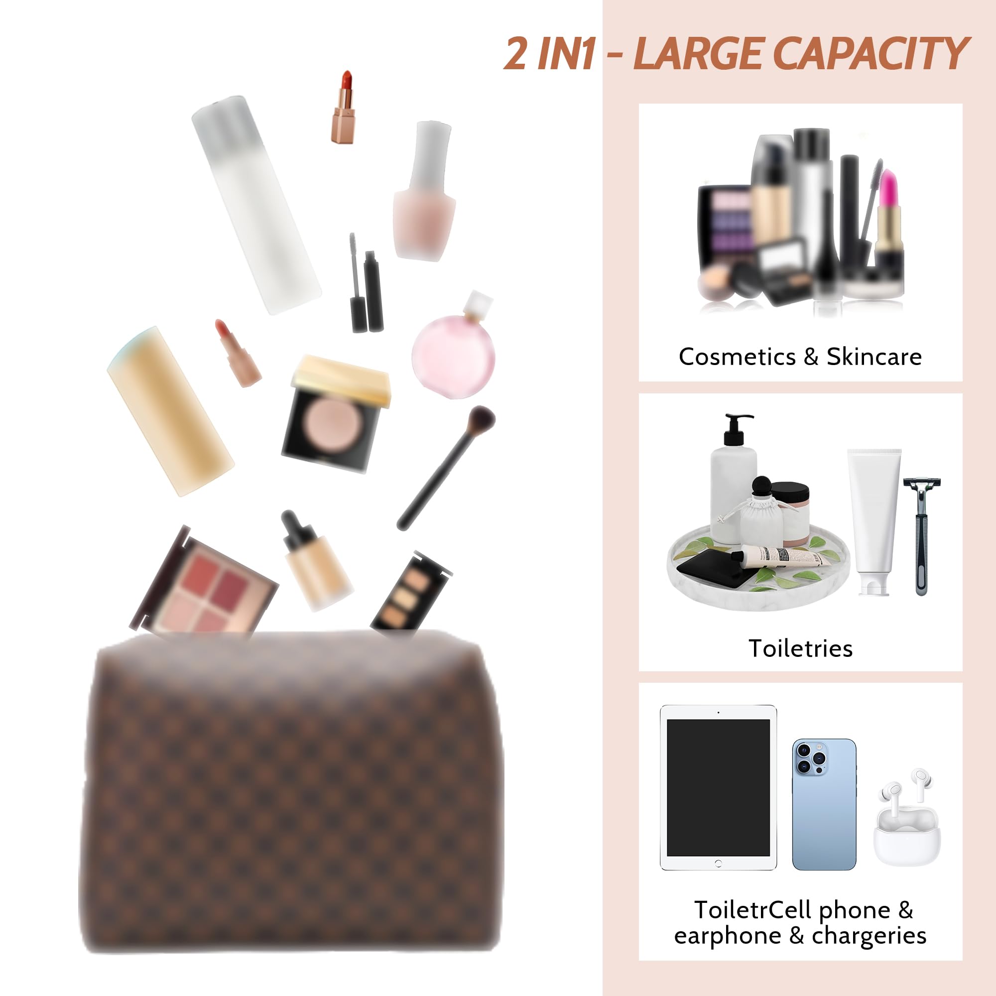 Checkered PU Leather Makeup Bag Set, 2-Piece Travel Cosmetic Organizer