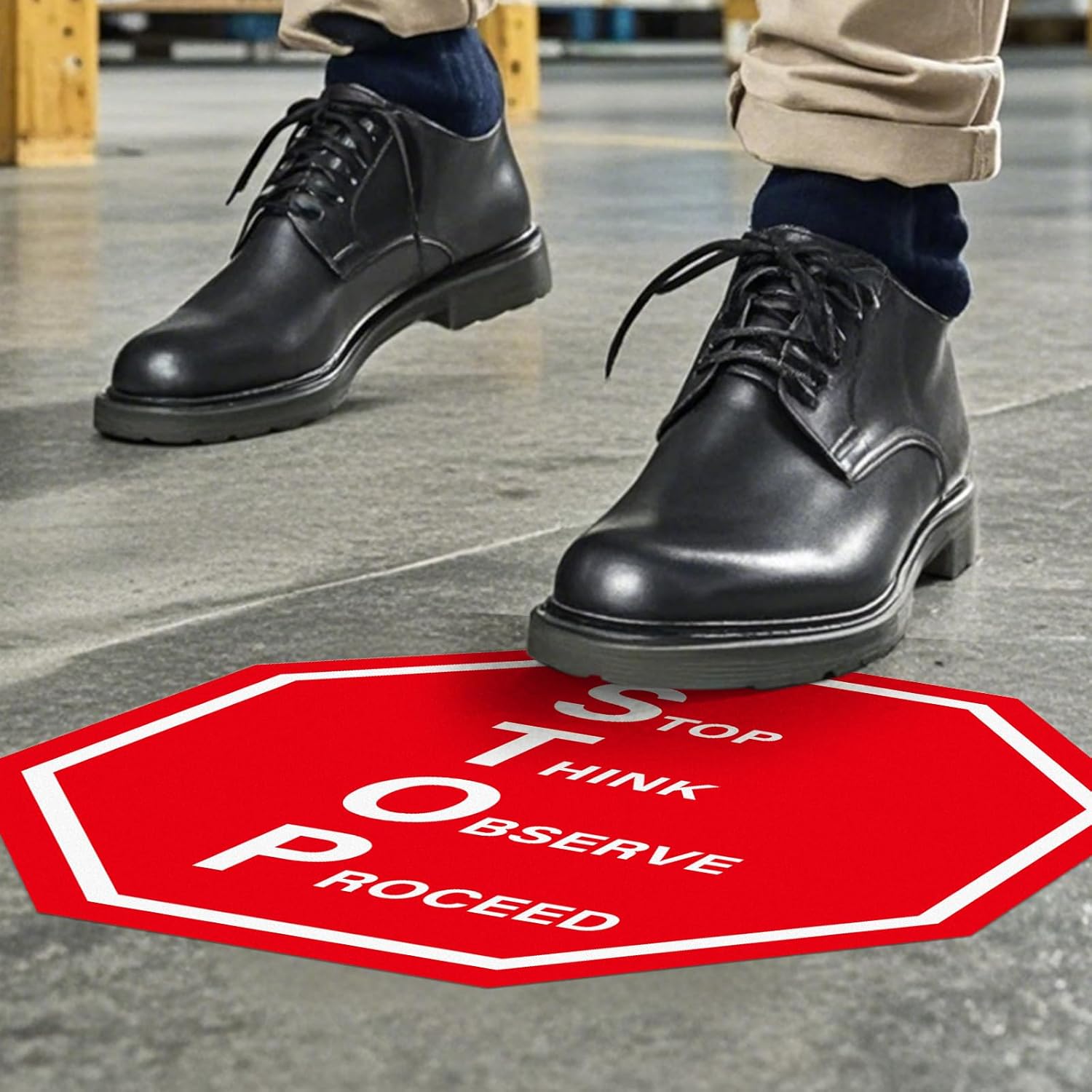 5 Pack Stop Think Observe Proceed Sign 17 × 17 Inches Caution Warning Safety Sticker Self Adhesive Vinyl Waterproof Signage for Road Street Traffic Workplace