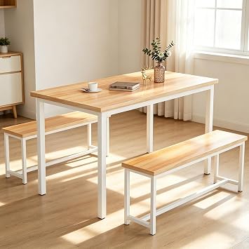 Recaceik 47" Beige Dining Table Set for 4, 3-Piece Kitchen Set