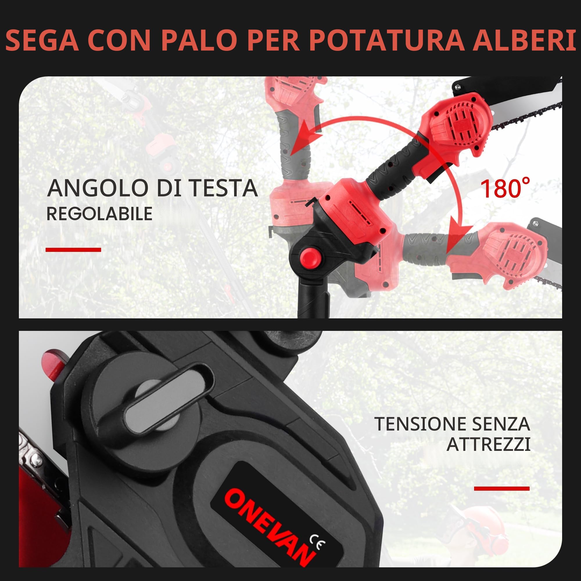 ONEVAN 4 in 1 potatore telescopico motosega con 2 batterie da 4,0 Ah | 50min autonomia, apertura 3cm, motosega 6 pollici, asta telescopica 2m, angolo regolabile 180°, per la potatura degli alberi