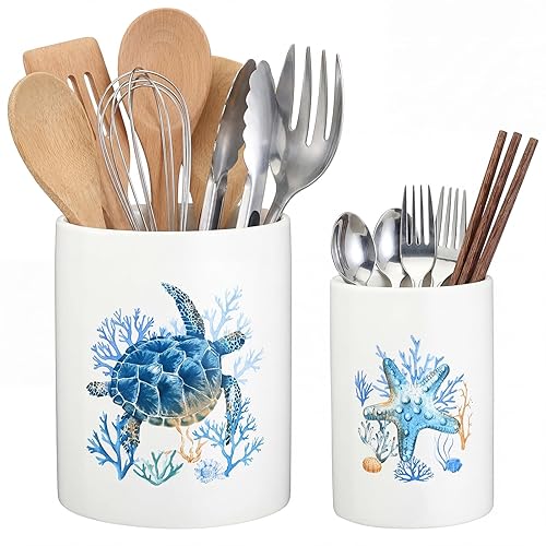 Bokon 2 Pack Ceramic Utensil Holder 6.3" + 5.1" Ocean