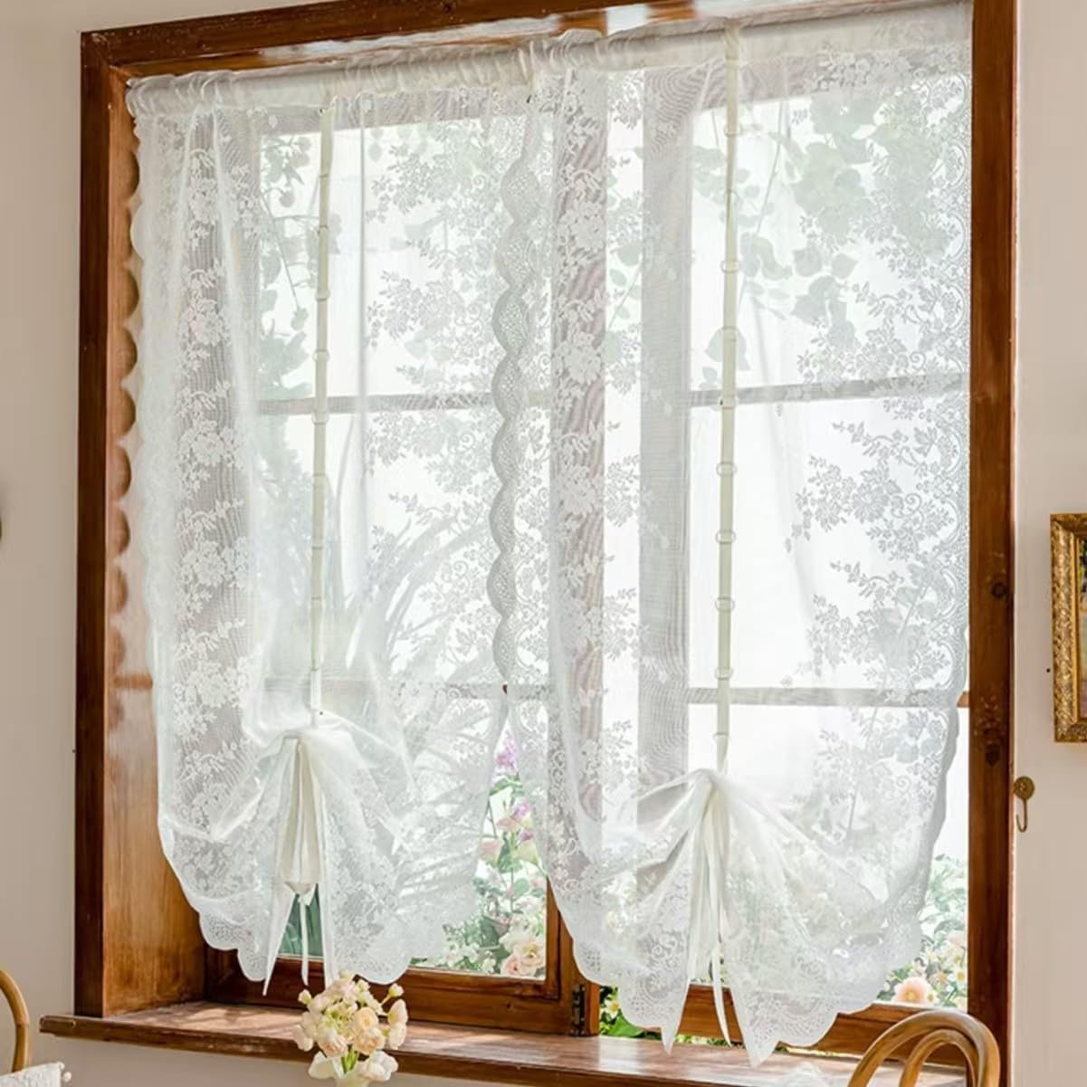 White Lace Semi Sheer Tie Up Curtains 94 inches Long 2 Panels Set, Embroidered Adjustable Balloon Roman Shades Rod Pocket Cafe Curtain for Bedroom Living Room Small Windows(White A,24"x94")