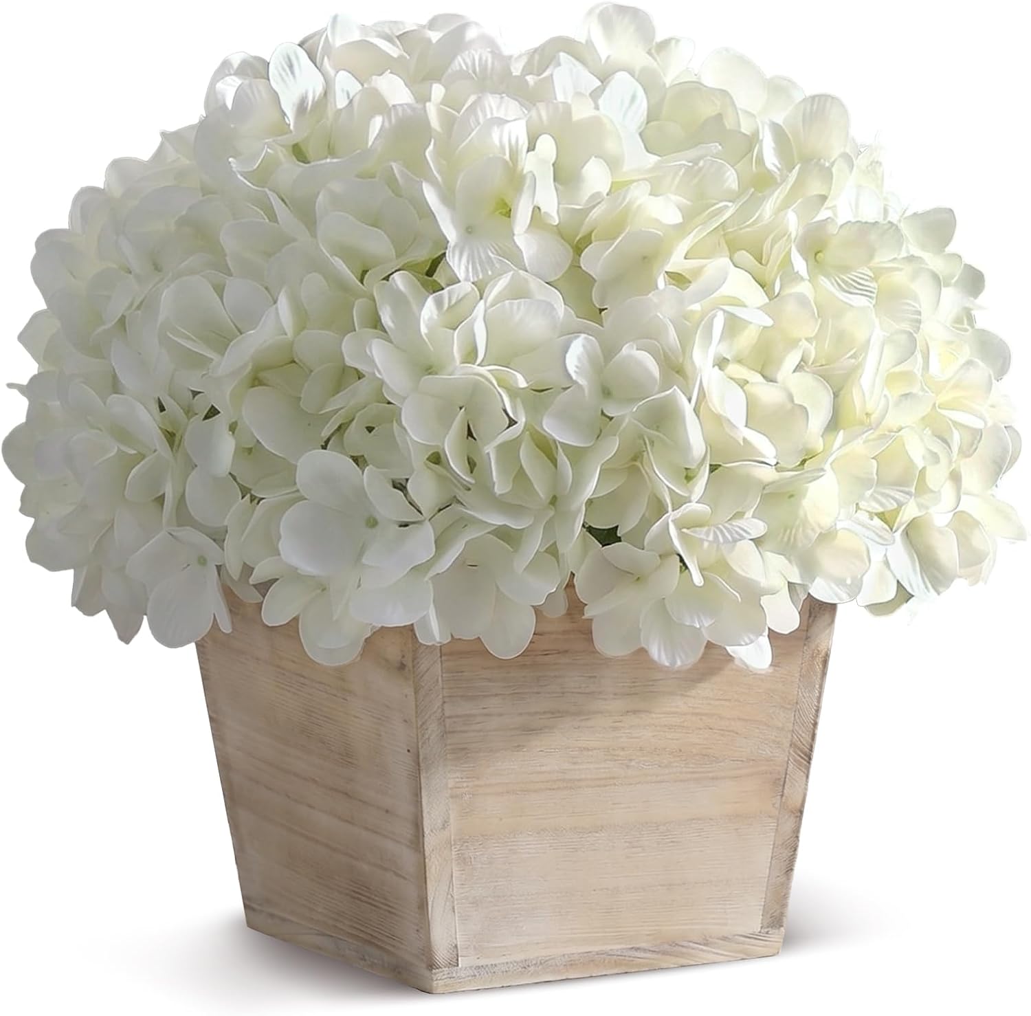 YXZZWL 10" Artificial Hydrangea Arrangement in Planter for Table Centerpiece, Lifelike Fake Hydrangea Potted Plant, Silk Faux Flowers in Wood Planter for Farmhouse Home Office Shower Decor (White)