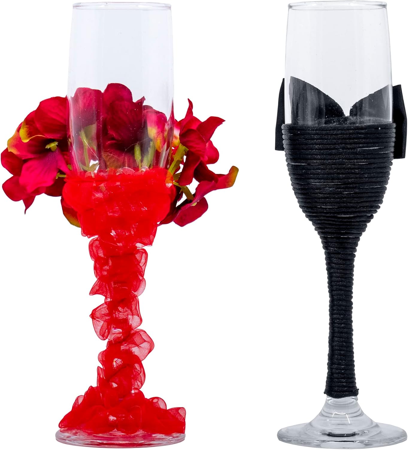 Stephanie Imports Red Floral Wedding Dress with Black Tuxedo - Bride and Groom Wedding Glass Champagne Flutes (Set of 2)