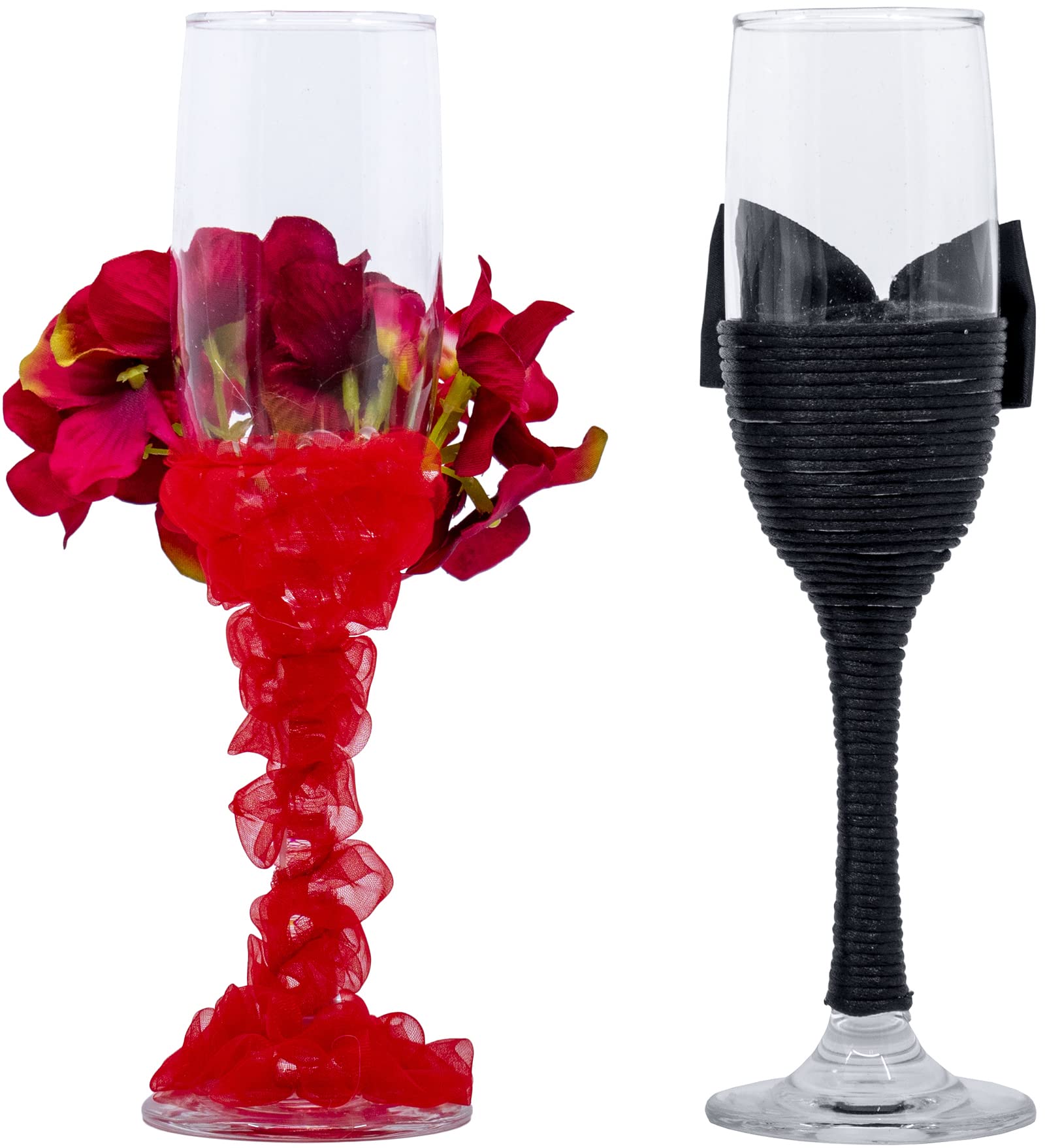 Stephanie Imports Red Floral Wedding Dress with Black Tuxedo - Bride and Groom Wedding Glass Champagne Flutes (Set of 2)
