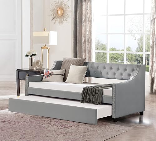 Miniatura 8 de Sofá cama tapizado de tamaño individual con nido, marco de cama de terciopelo con nido desplegable, sofá cama sólido con botón copetudo y cabeza de