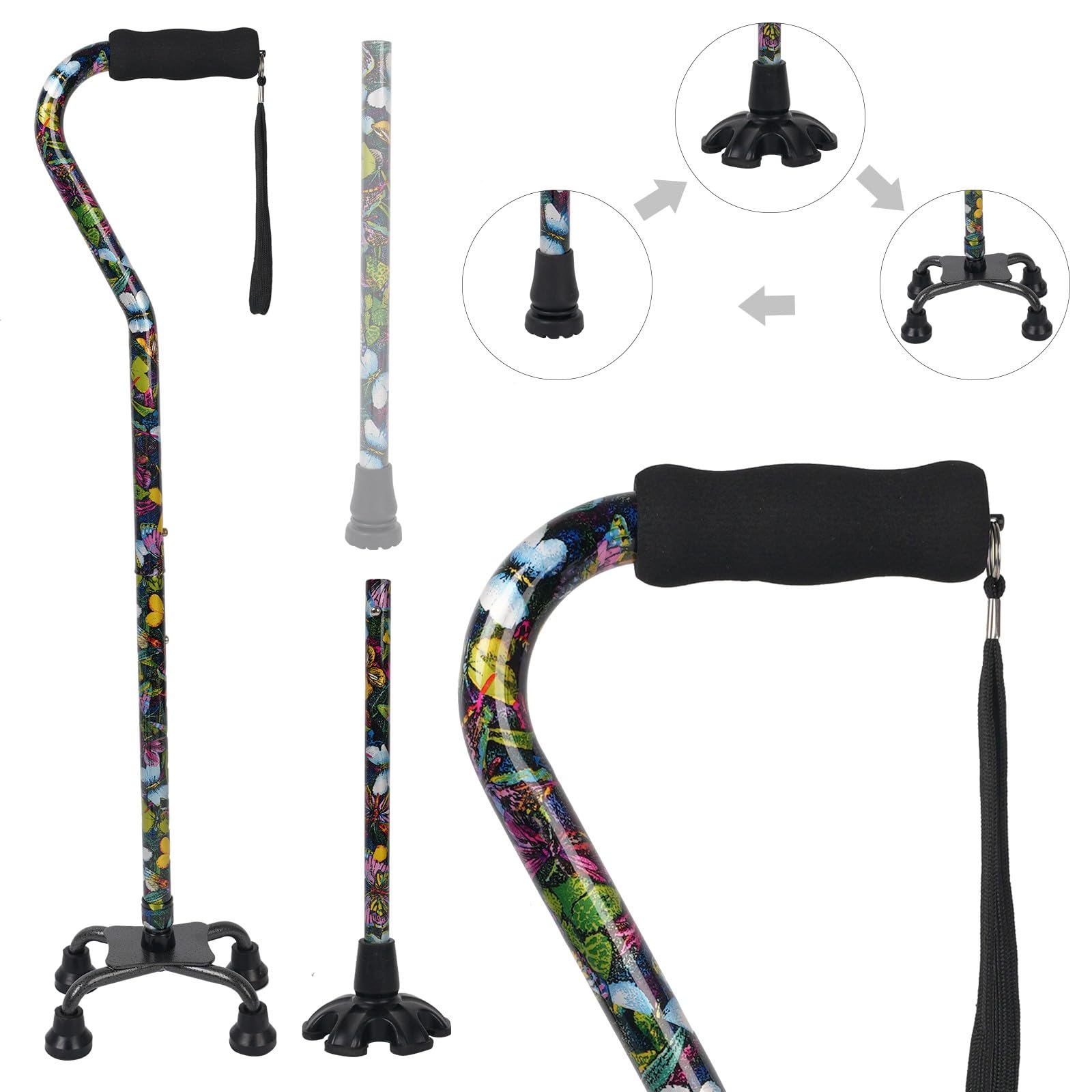 Quad Cane YOKABOZE regulowana laska do chodzenia z 4-zębową podstawą dla dodatkowej stabilności silikonowy uchwyt i wymienna lekka aluminiowa laska do chodzenia dla mężczyzn i kobiet