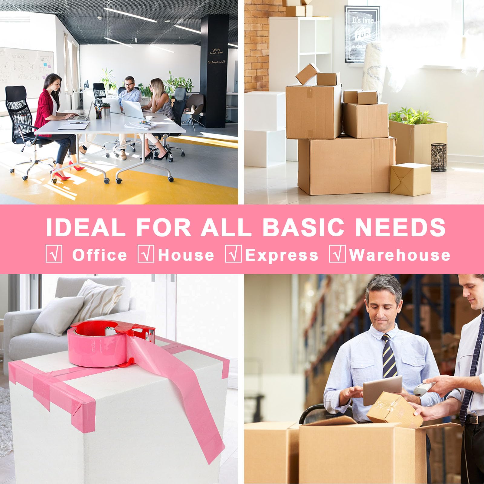BOMEI PACK Nastro da imballaggio rosa con dispenser, 2,4 mm, 4,7 cm x 60 m, 12 rotoli di ricambio per scatole di colore rosa, nastro per imballaggio, spedizione, spedizione e stoccaggio
