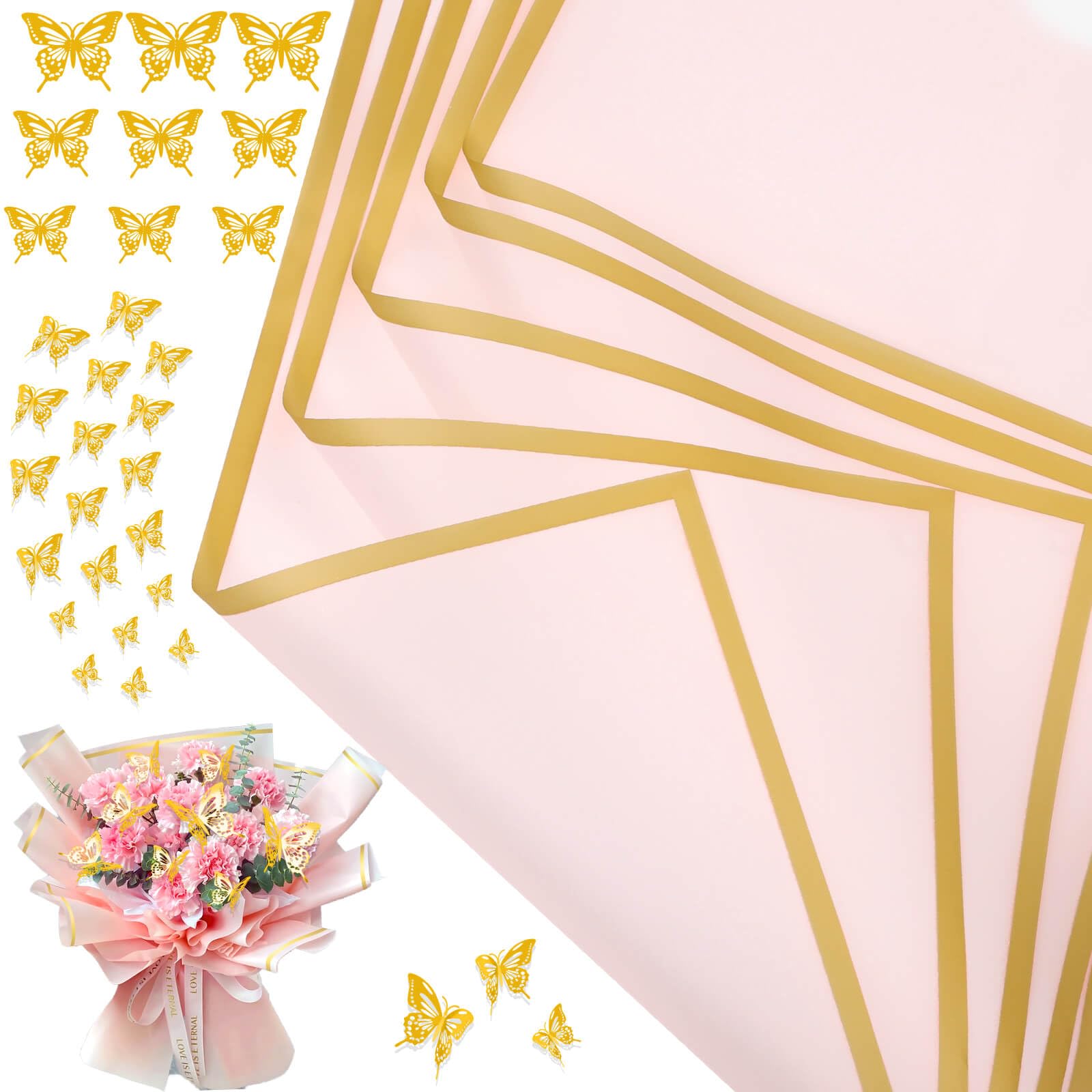 cridoz 20 Pieces Flower Wrapping Paper with 12 Pieces Butterfly Decorations for Flower Bouquet(Pink) โ image 1