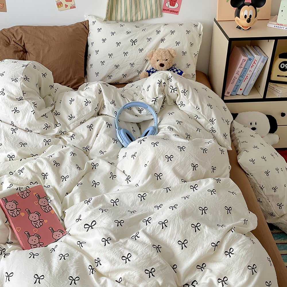 Nyescasa Black Bow Duvet Cover Double Bows Bowknot Print Kawaii Bedding Set Kids Girls Cute Black White Bow Tie Microfibre Comforter Cover 200x200 cm with Zipper Closure and 2 Pillowcases 50x75 cm