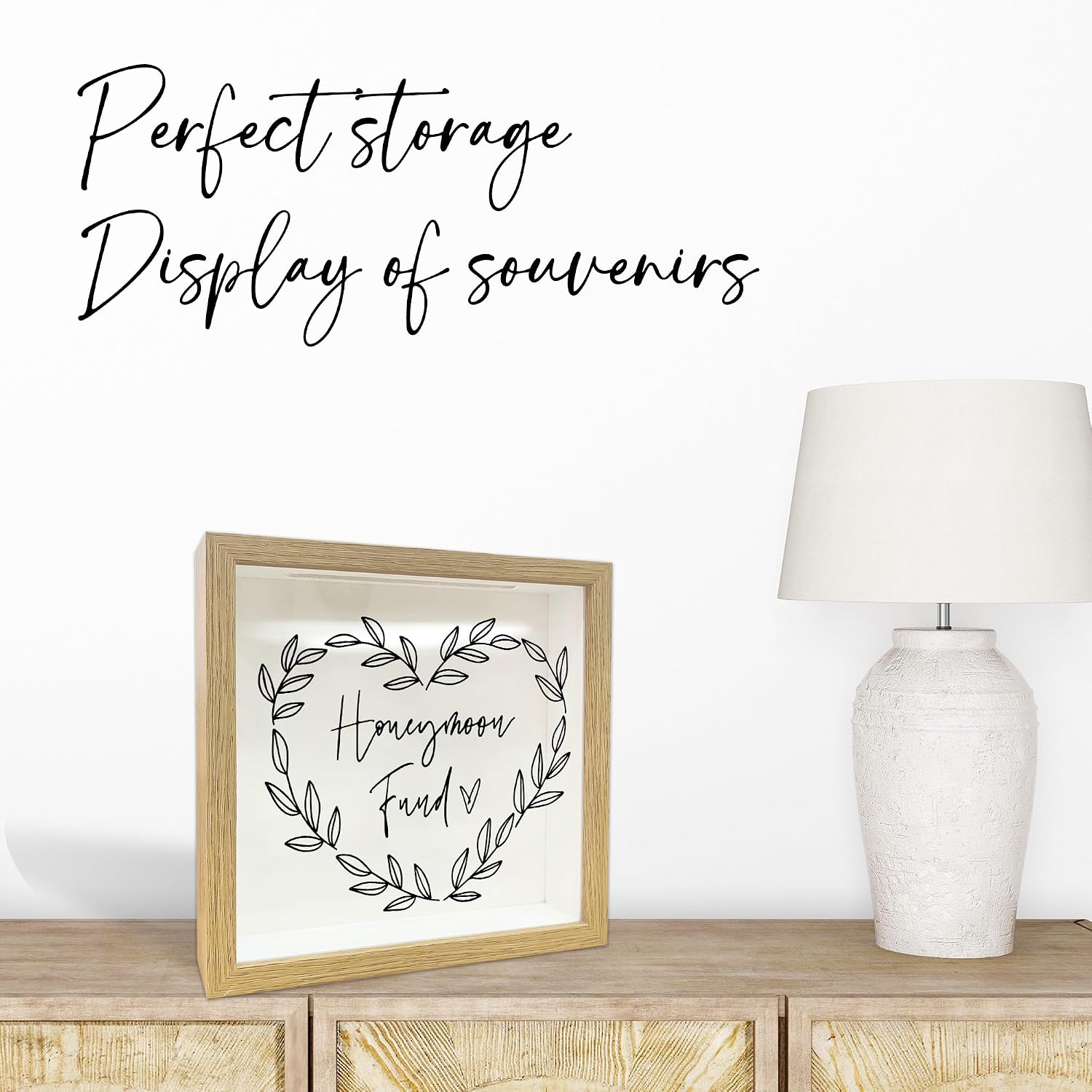 Honeymoon Fund Shadow Box Frame Case - 8 x 8 Decorative Honeymoon Fund Box with Slot On Top for Cash - Wooden Wedding Money Saver Piggy Bank for Adults - Decoration & Keepsake Gift Supplies - A01
