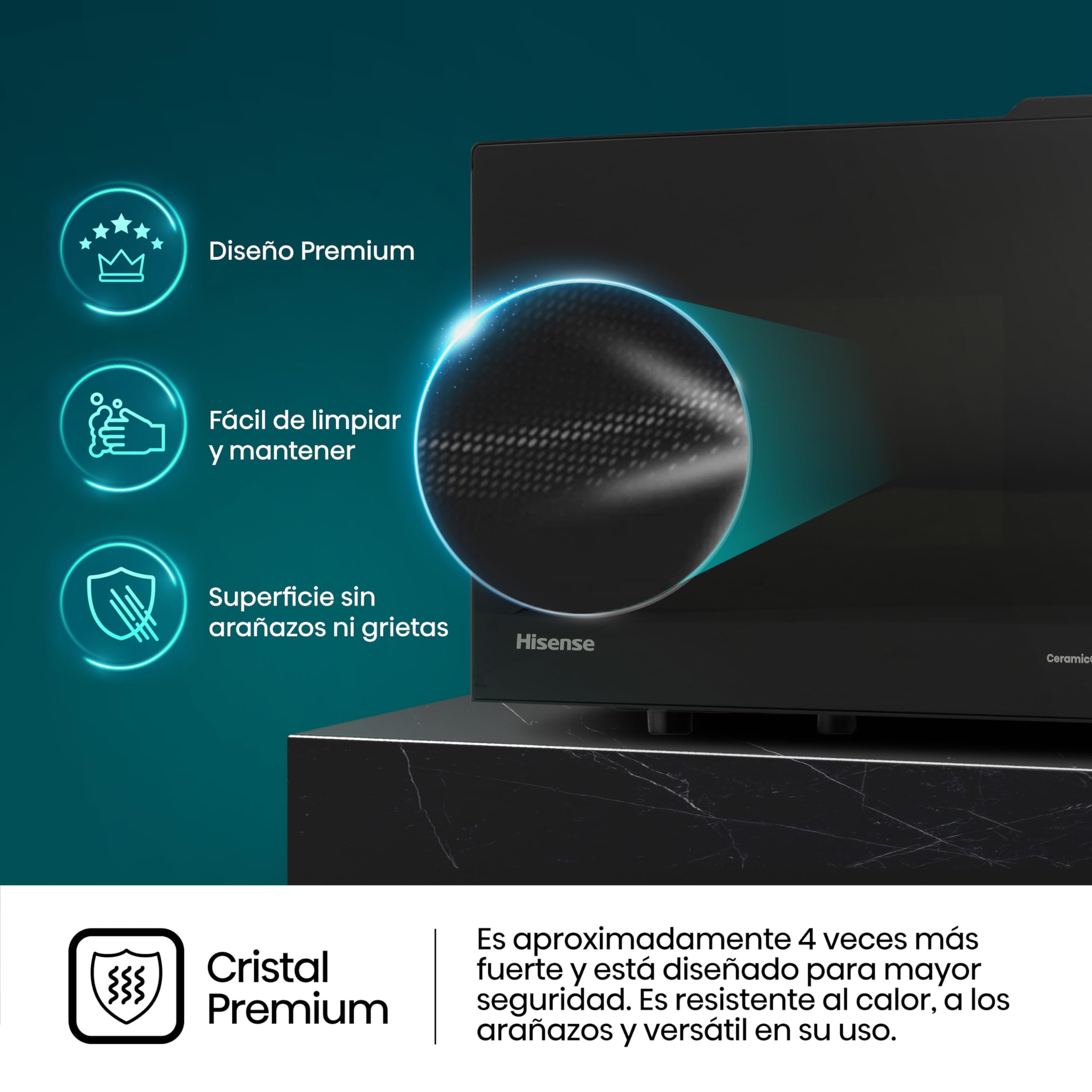 Hisense H23MOBS5HG4 - Microondas Digital con Grill 23 Litros, 1000W, Revestimiento Cerámico, Cristal Premium, Modo ECO, Descongelación programada, 10 Niveles de Potencia, Fácil Limpieza