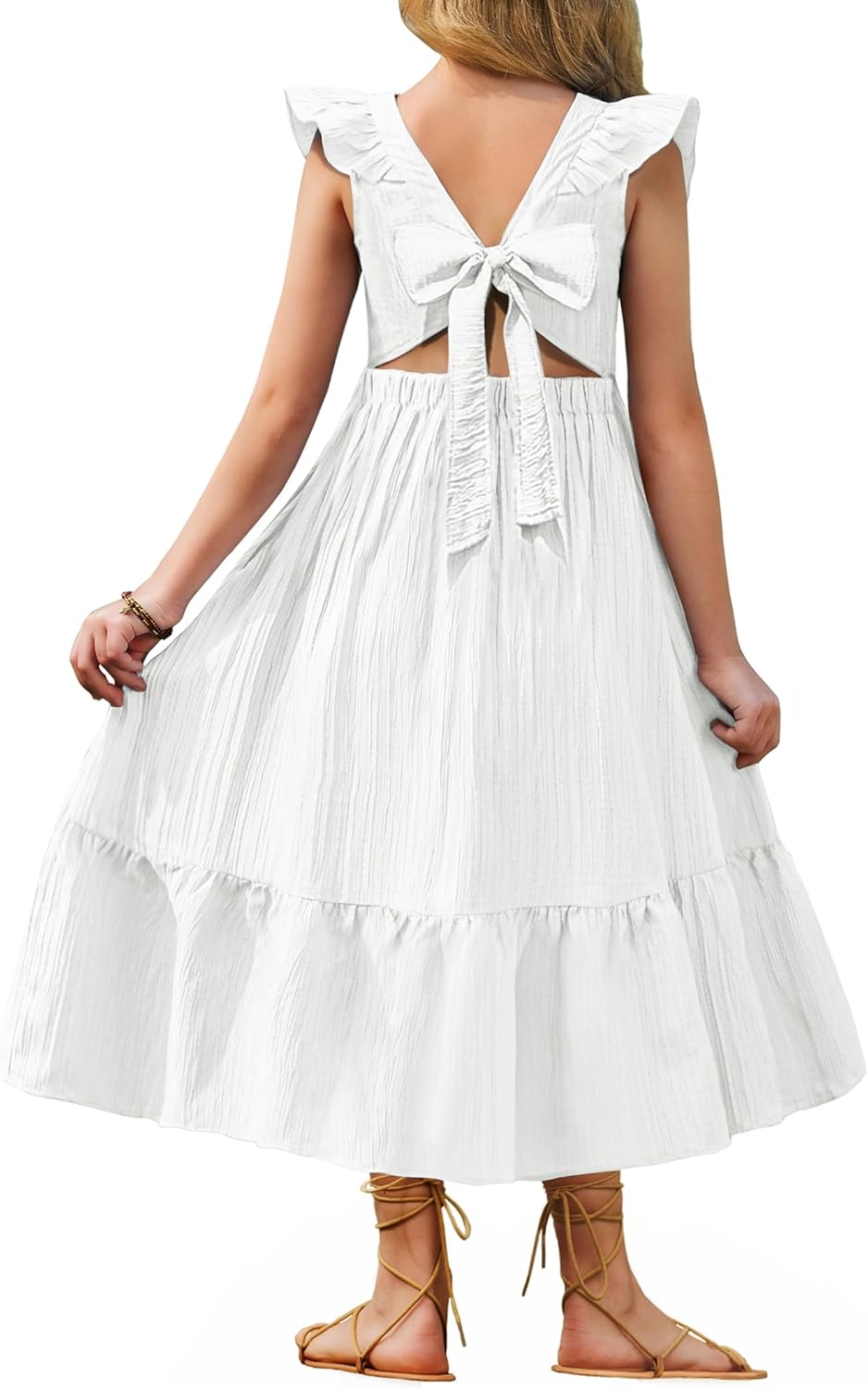 Arshiner Girls Summer Tie Back Dress Tween Boho Casual Square Neck Flutter Sleeve Maxi Dresses with Pockets