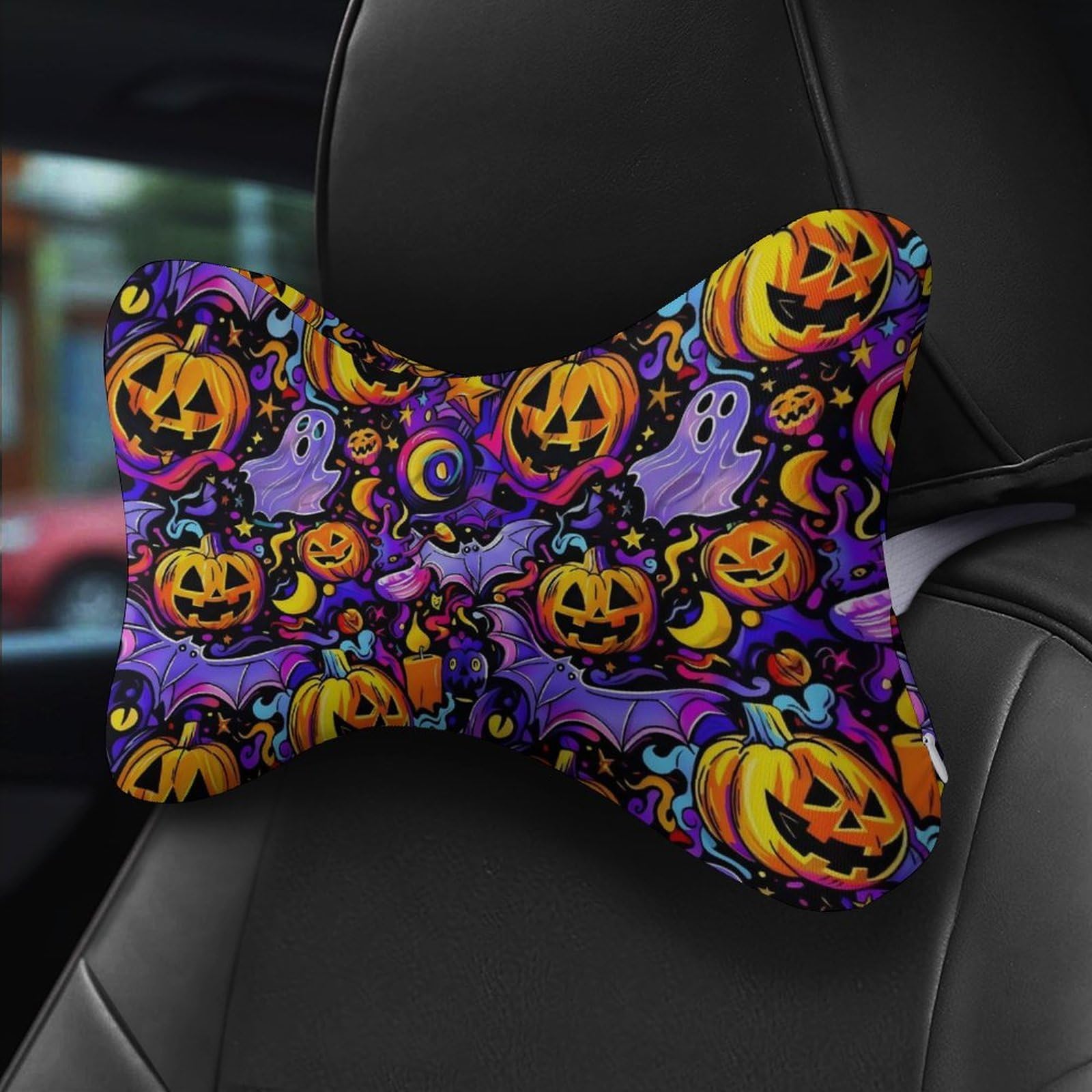 SMAZDFXX Horror Pumpkin Head Bat Ghost Halloween Car Neck Pillow Set of 2 Car Seat Head Support Cushion Bone Pillows with Elastic Strap