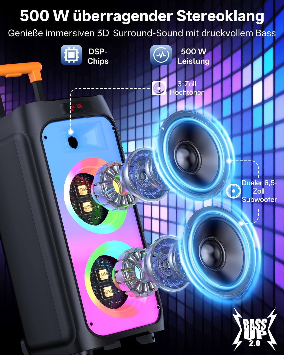 JYX Karaoke Anlage mit 2 drahtlosen Mikrofonen, Bluetooth Party Lautsprecher mit Rädern, Disco Lichtern und Subwoofer, 500W PA System für Party, Outdoor und Karaoke, TWS/SD/USB/AUX/Rec