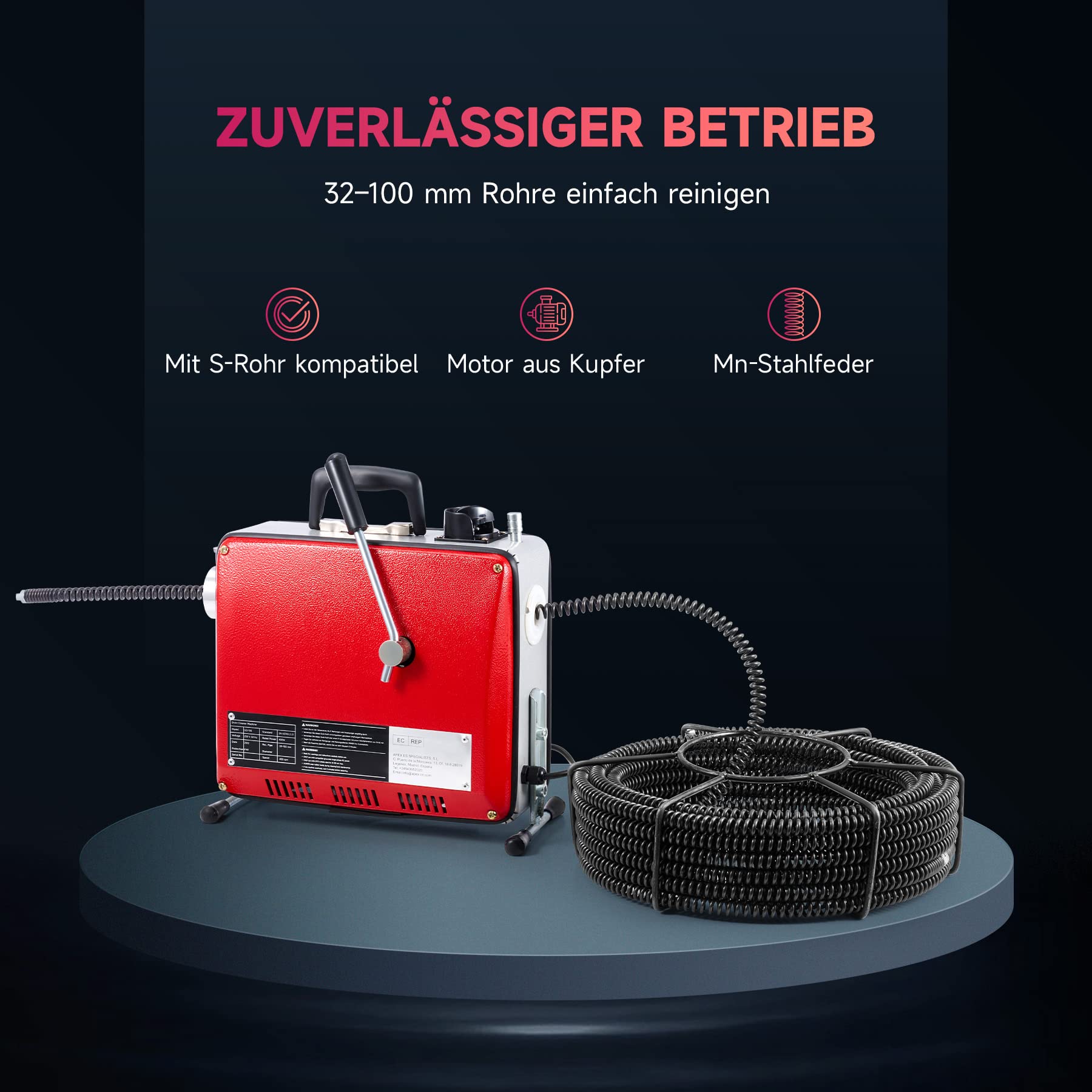 ZELCAN elektryczna maszyna do czyszczenia rur, 400 W, spirala 20 m do czyszczenia rur, nadaje się do rur o średnicy 30-100 mm, do czyszczenia odpływów w łazience i kuchni