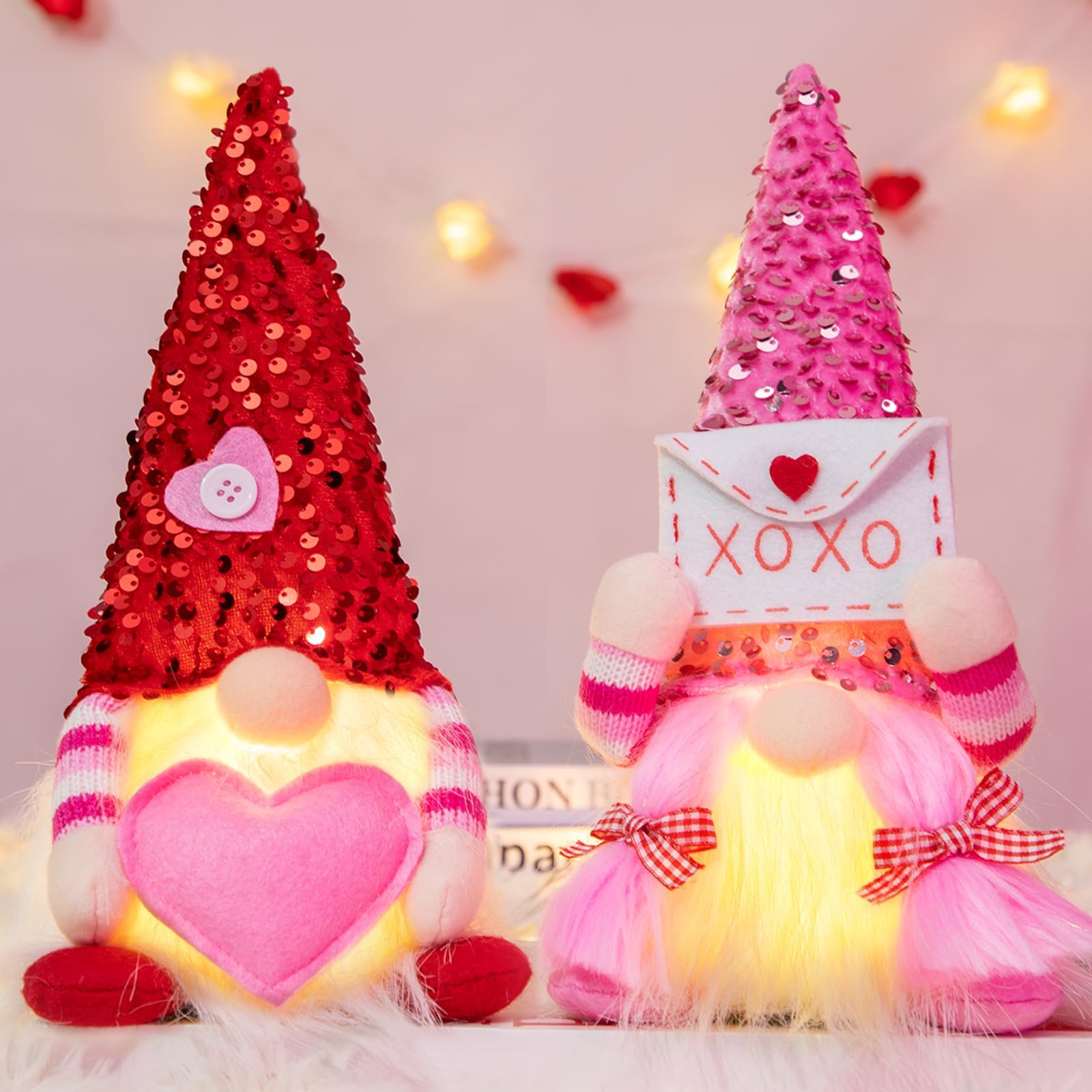 Anroong Valentines Day Gnomes Decorations for Home 2PCS Light Up Valentine Gnome Decor Gifts for Him Her, Tiered Tray Party Decor Home Table Decorations (Sequins Lighted Gnomes)
