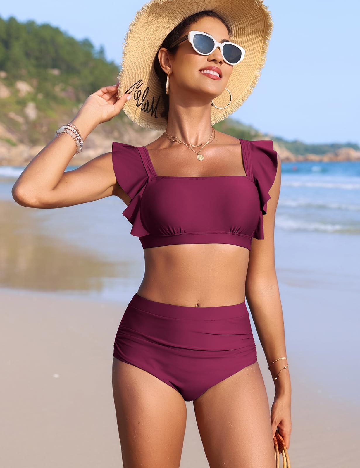 UMIPUBO Costume Donna Due Pezzi Bikini Vita Alta Curvy Pancia Pieghe Contenitivo Modellante Collo Quadrato Volant Mare Costume Da Bagno Estivo